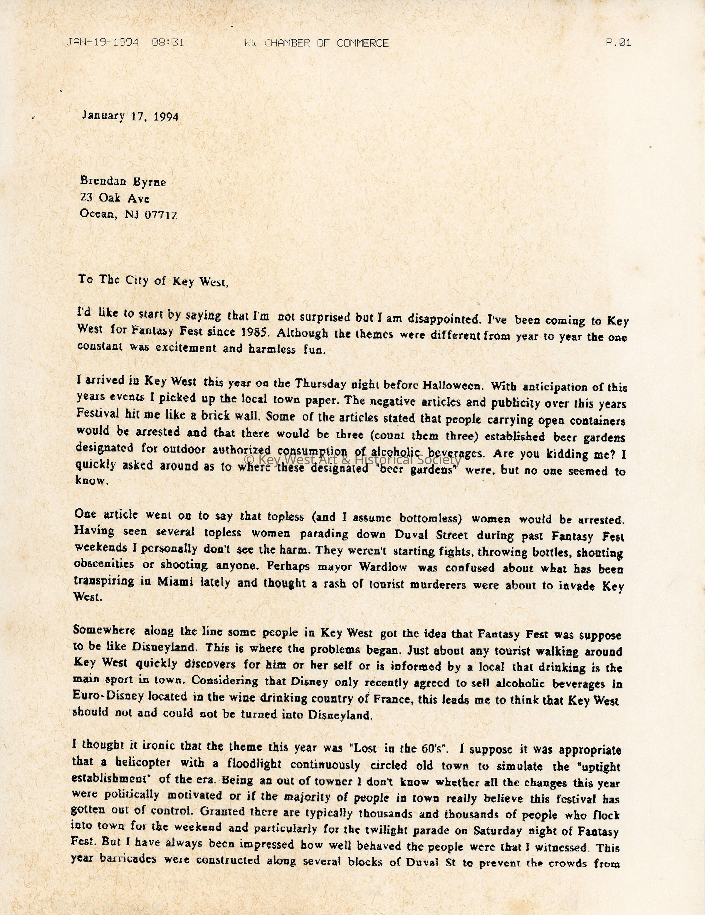 A letter to the City of Key West from Brendan Byrne. picture number 1