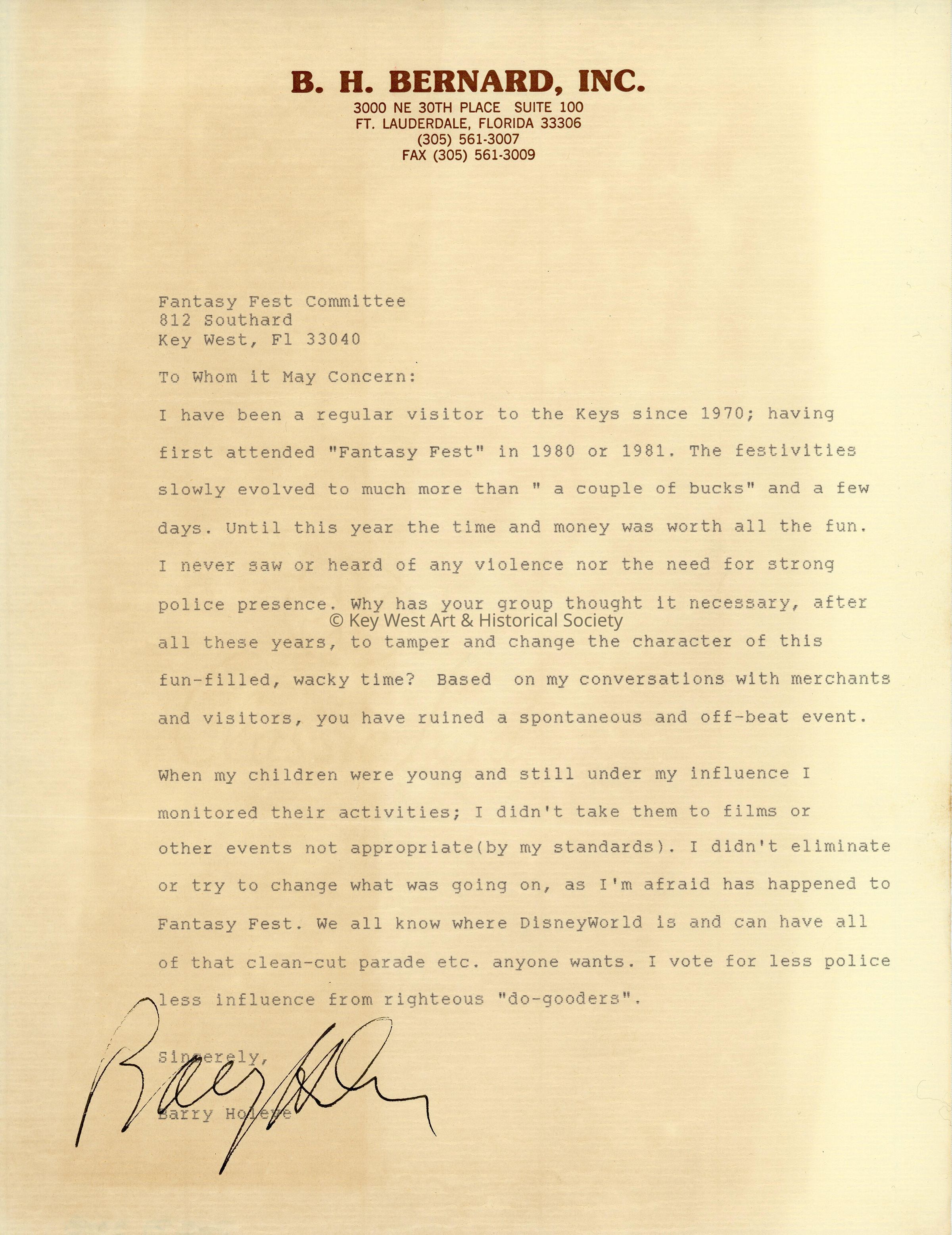 A letter to the Fantasy Fest committee from Barry Holeve. picture number 1