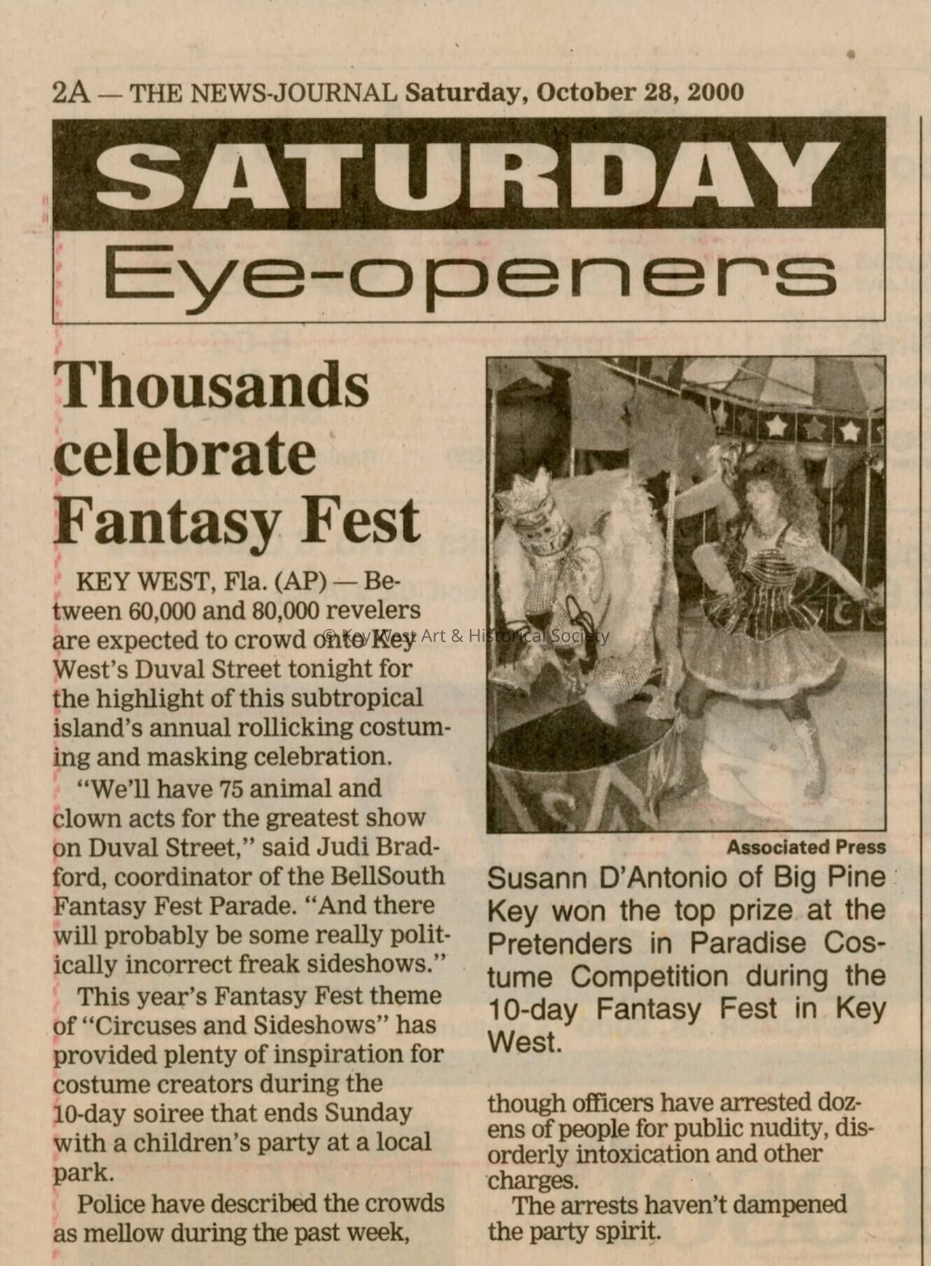 An article in the News Journal about Fantasy Fest that reads Thousands cele