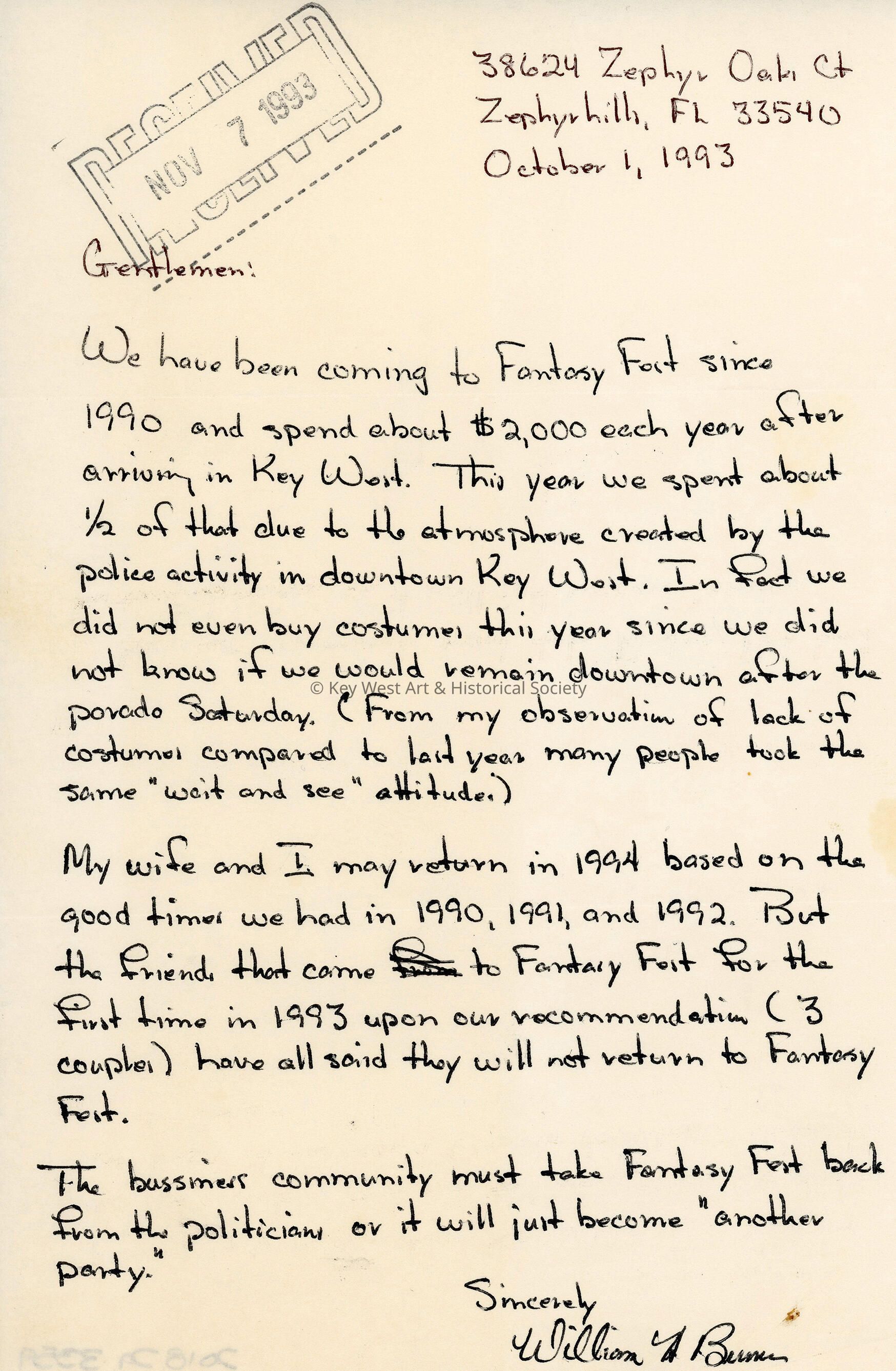 A letter to the Fantasy Fest committee from William H. Bruner. picture number 1