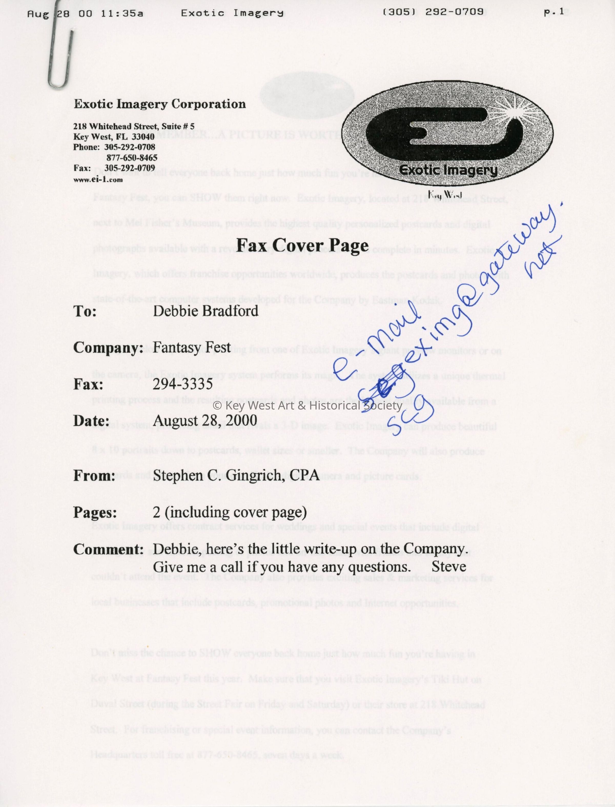 A fax to Debbie Bradford from Stephen C. Gingrich.