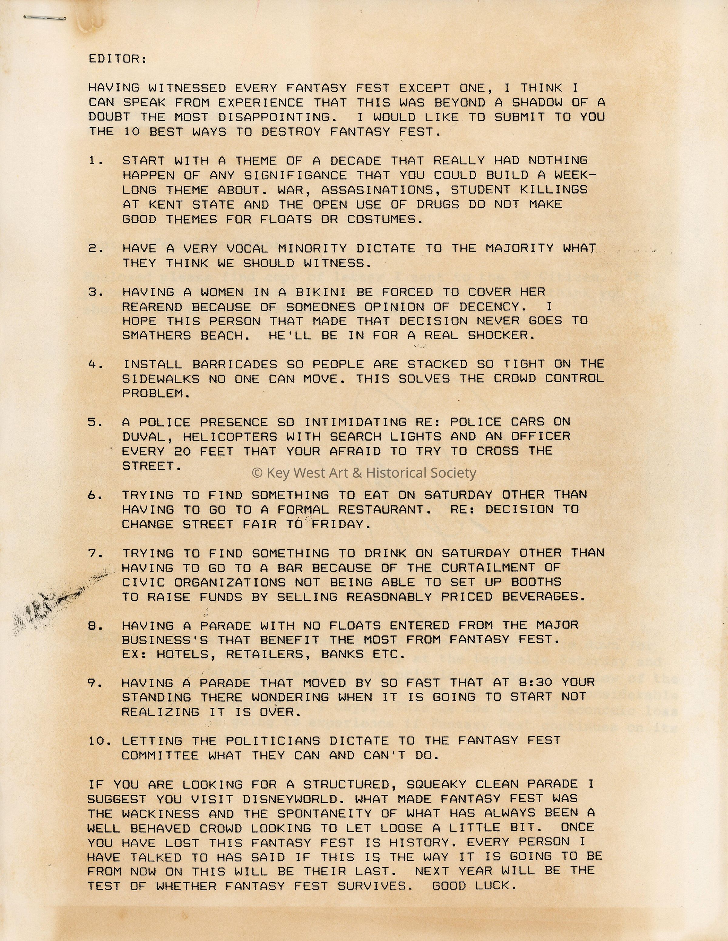 A copy of a letter to the Fantasy Fest committee that was sent to the Key West Citizen from Jerry Bessemer picture number 1