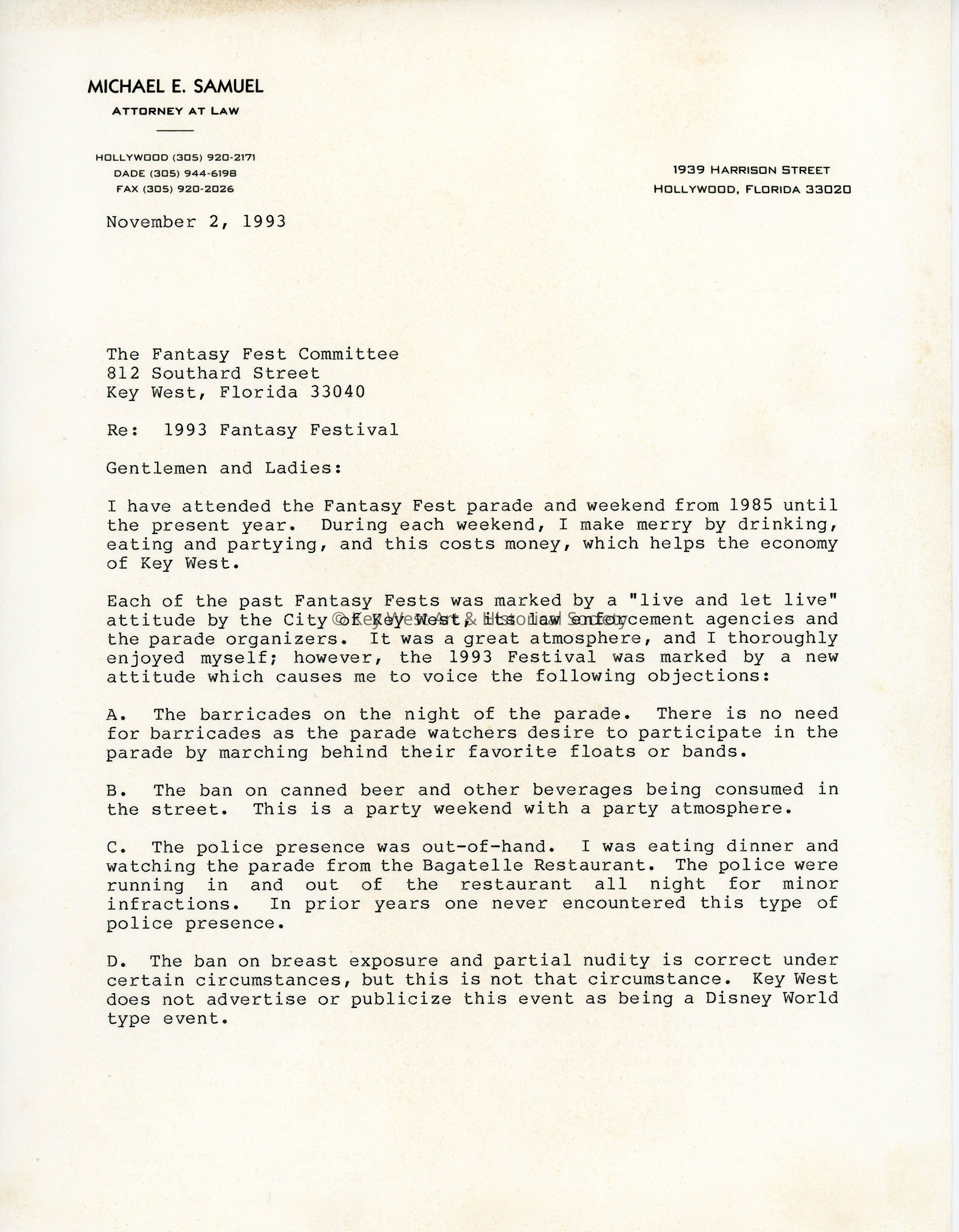 A letter to the Fantasy Fest committee from attorney Michael E. Samuel. picture number 1
