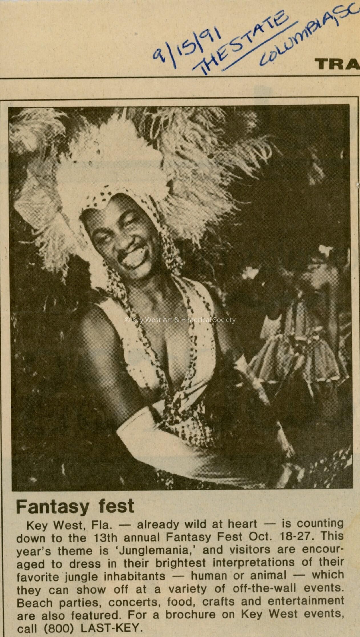 A picture and a caption that reads Fantasy Fest in an unknown newspaper.