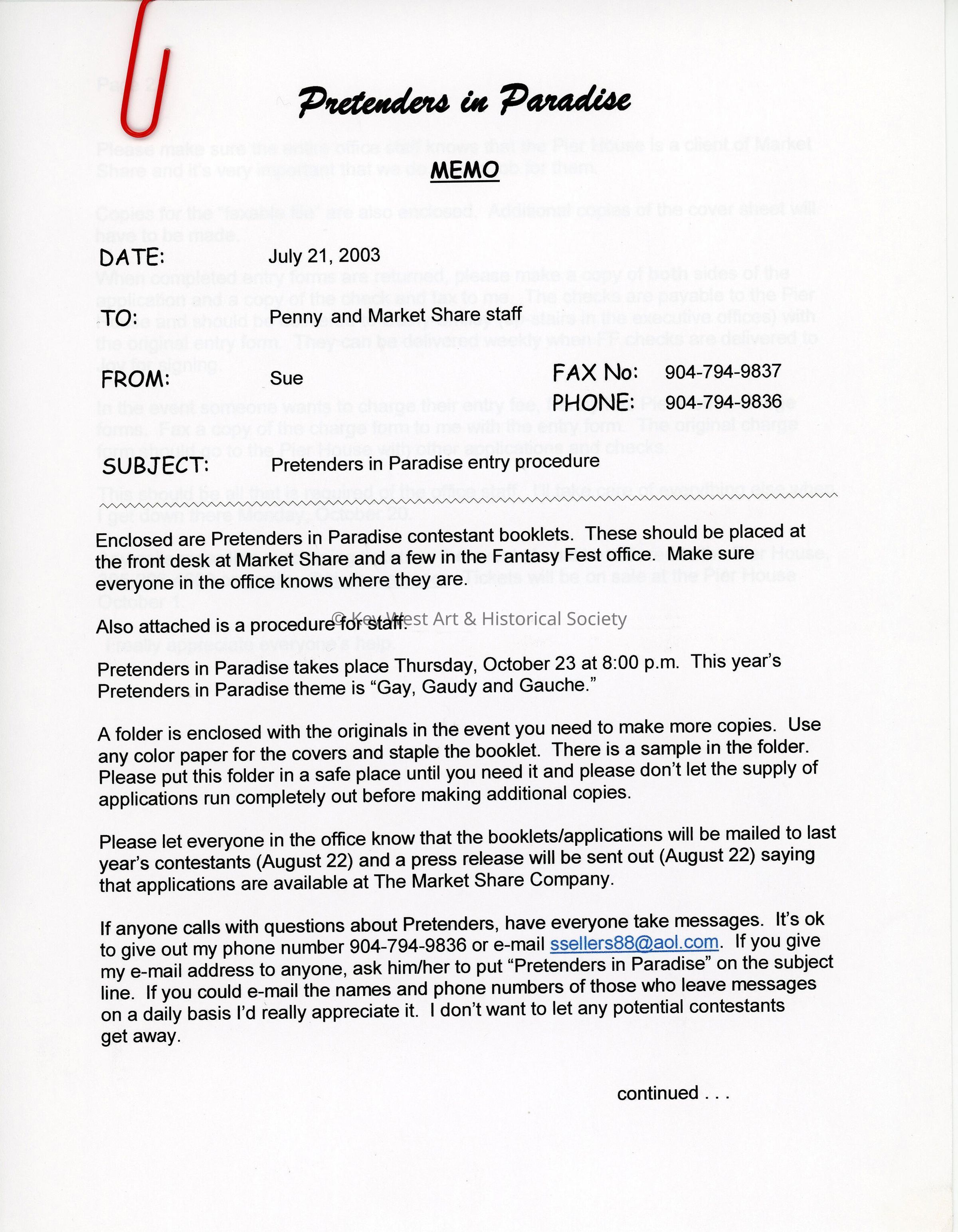 A fax to Penny and market share from Sue about the Pretenders in paradise entry procedure. picture number 1