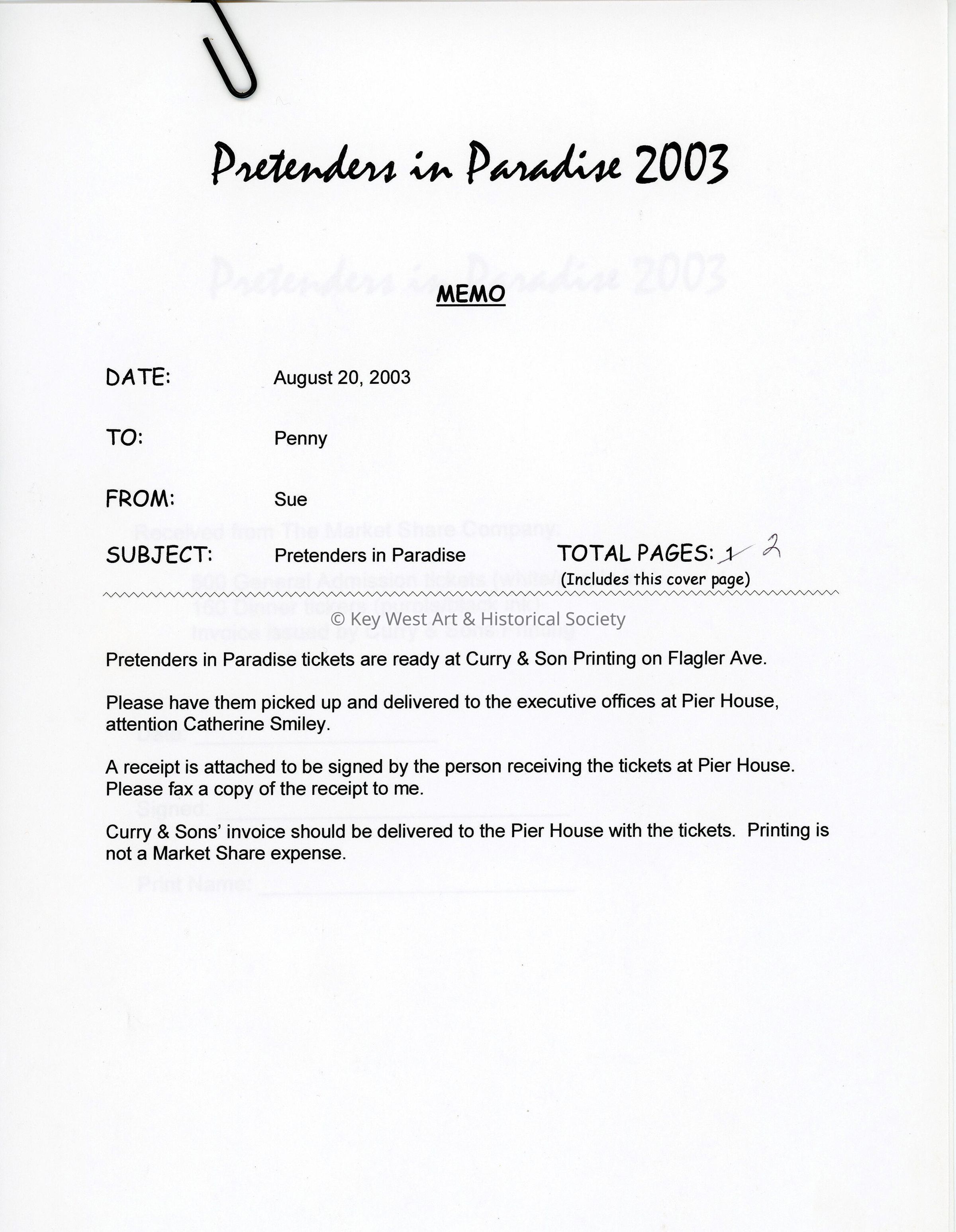 A fax to Penny from Sue regarding the pretenders in paradise tickets being ready at Curry and son printing. picture number 1