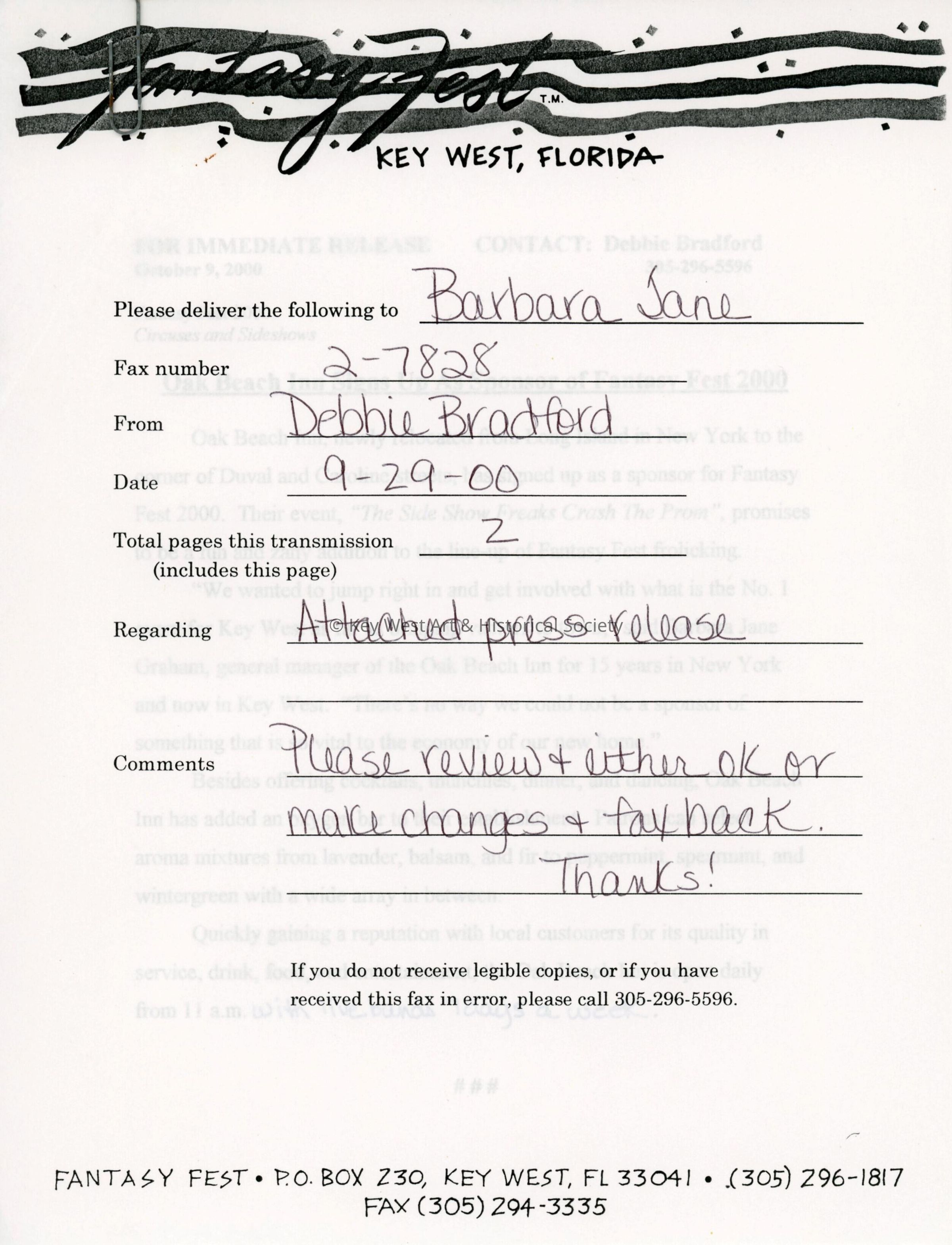 A fax to Barbara Jane from Debbie Bradford.