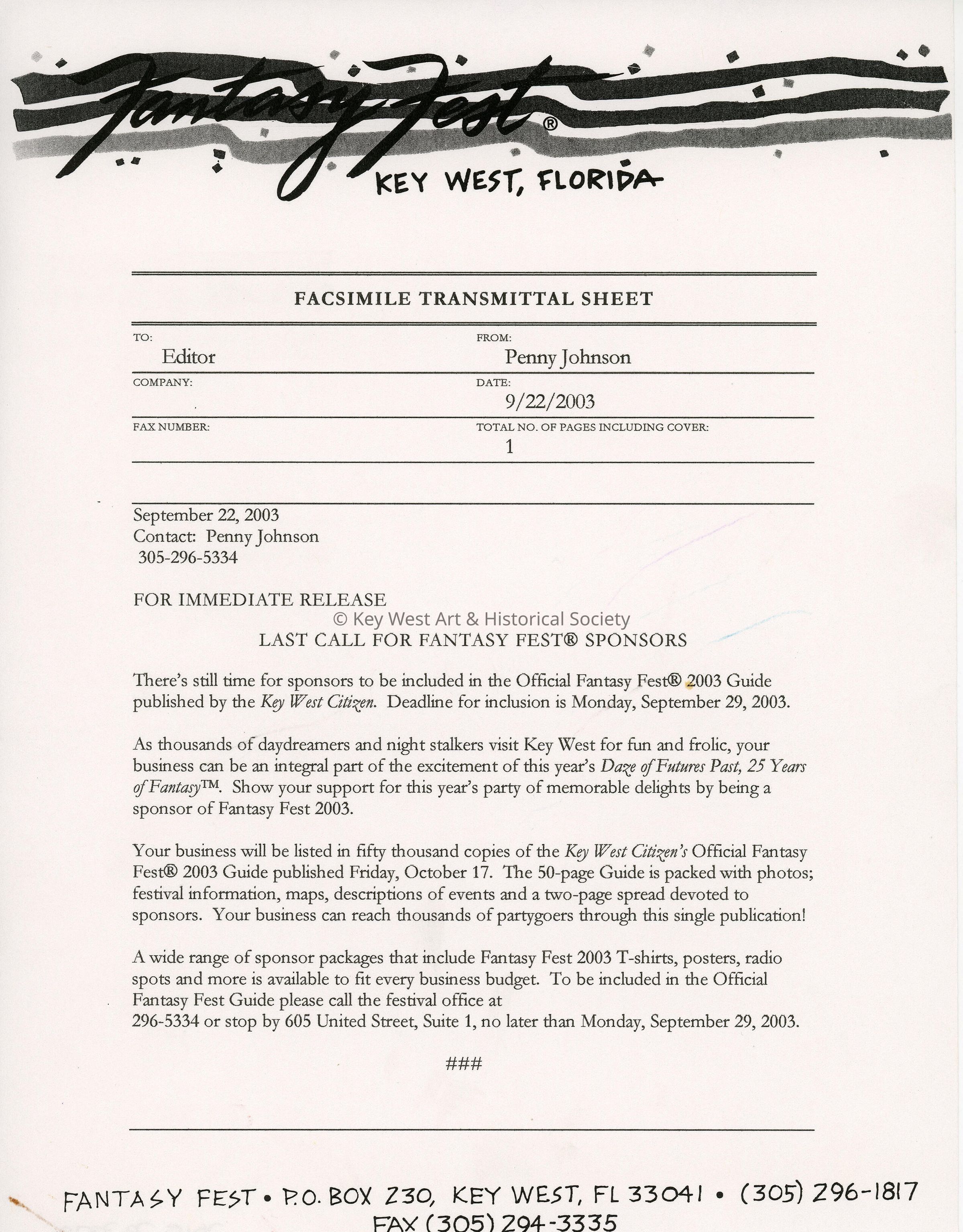 A fax to the editor from Penny Johnson regarding the last call for Fantasy Fest sponsors. picture number 1