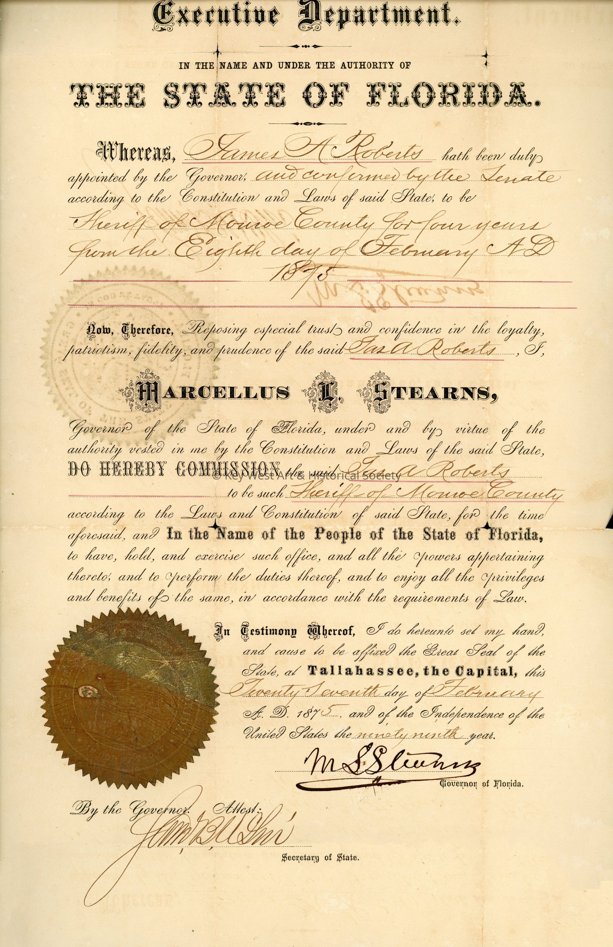 Appointment for James A. Roberts, Monroe County Sheriff; © Key West Art & Historical Society