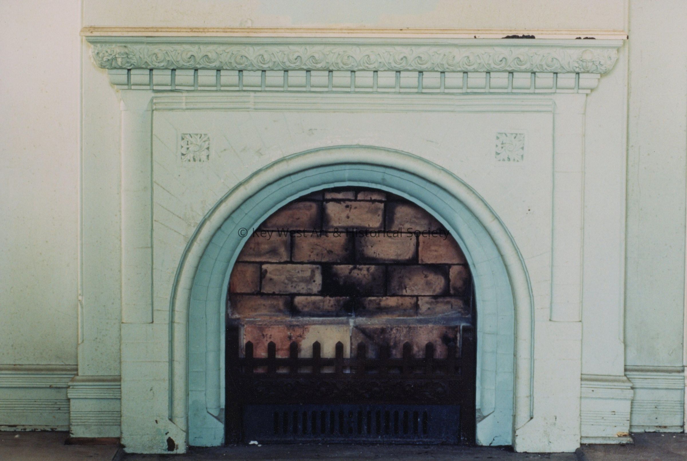 A fireplace.