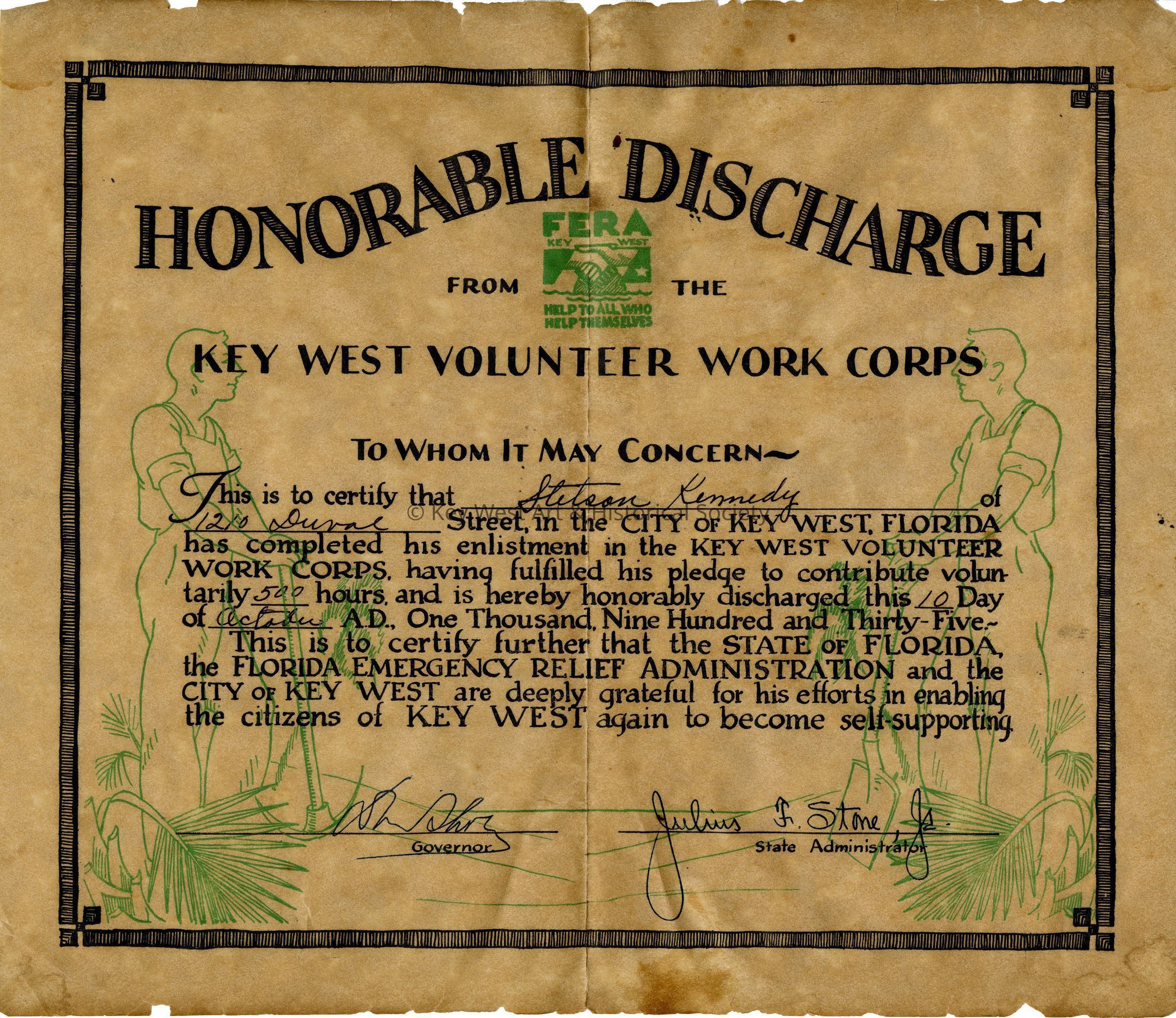 Honorable Discharge Certificate; © Key West Art & Historical Society