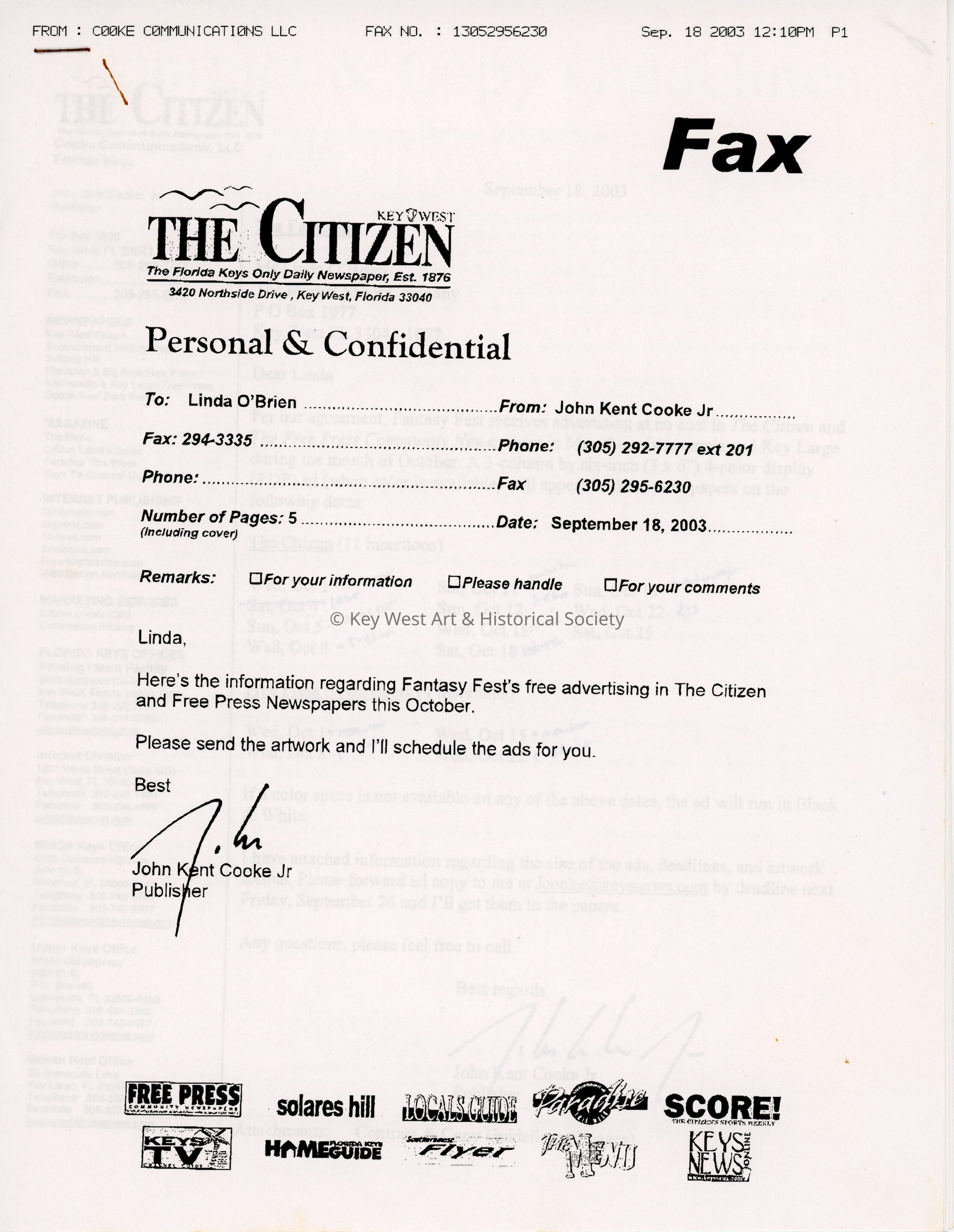 A fax to Linda O'Brien and John Kent Cooke Jr from the Key West Citizen regarding free advertising. picture number 1