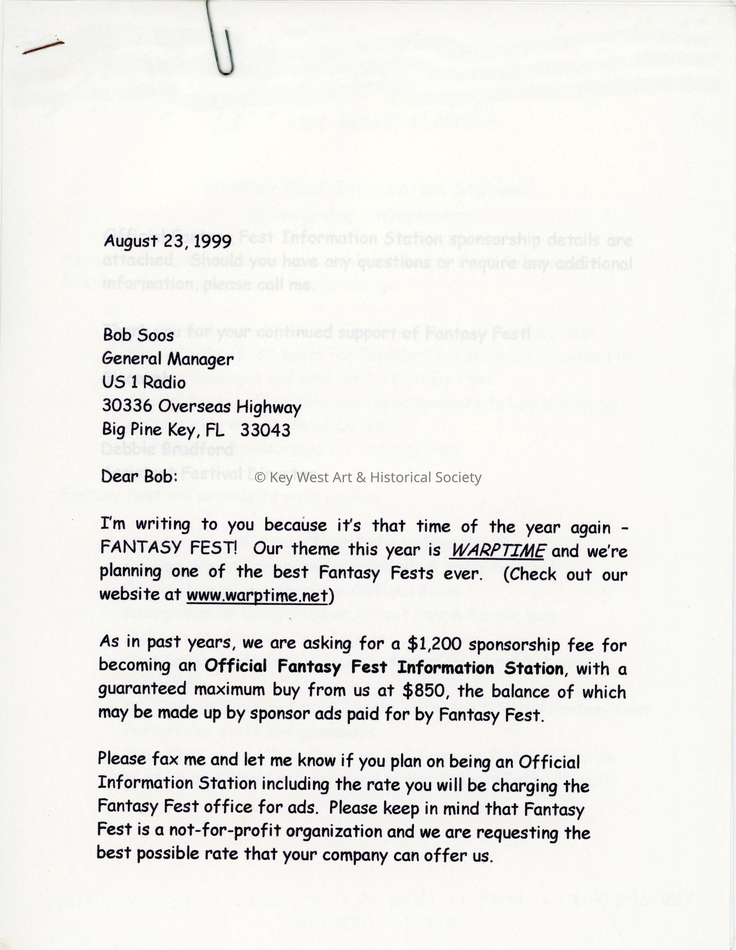 A letter to Bob Soos GM of US 1 radio from Debbie Bradford regarding sponsorship. picture number 1