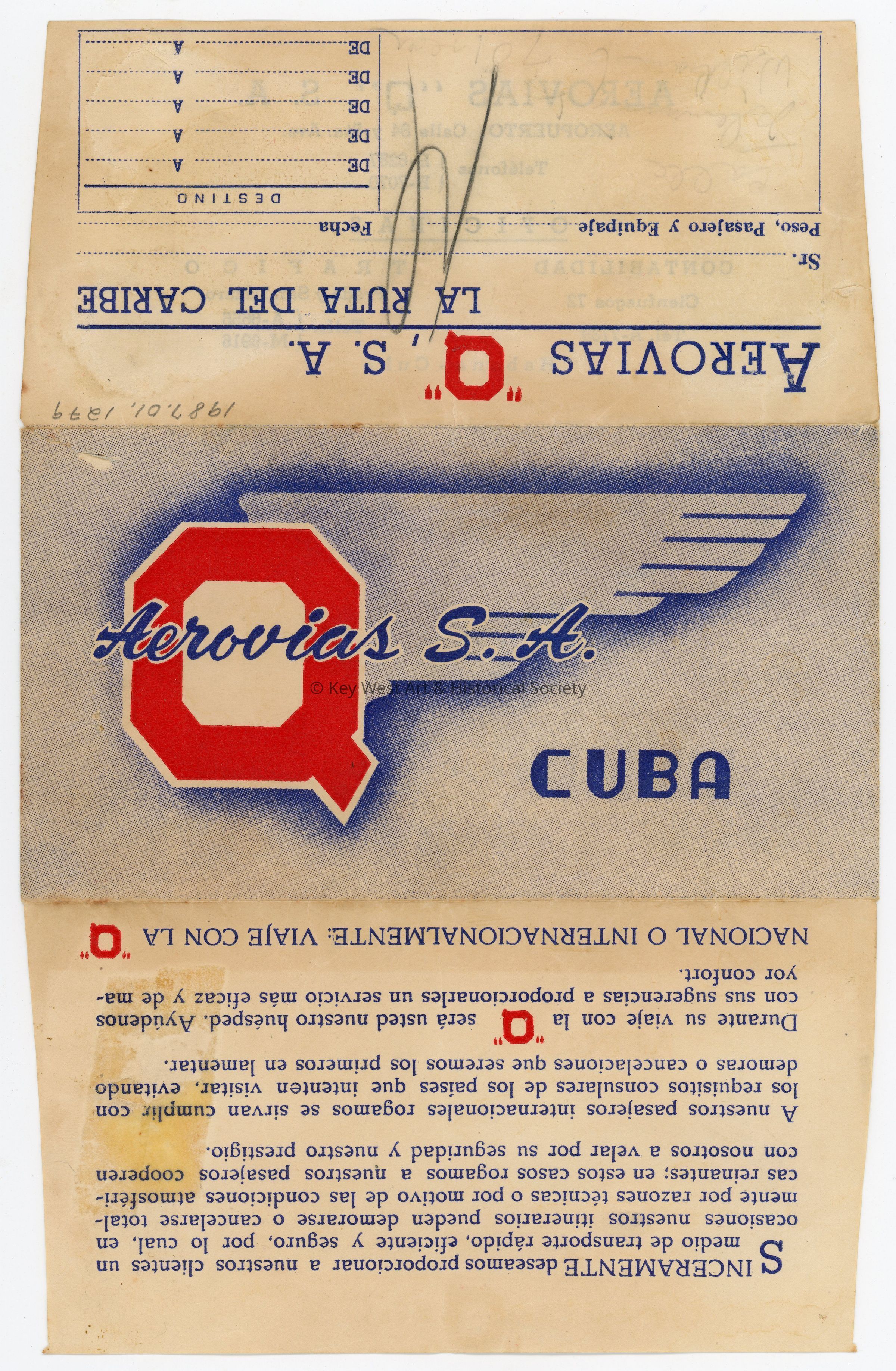 Aerovías Q, S.A. Ticket Envelope; © Key West Art & Historical Society