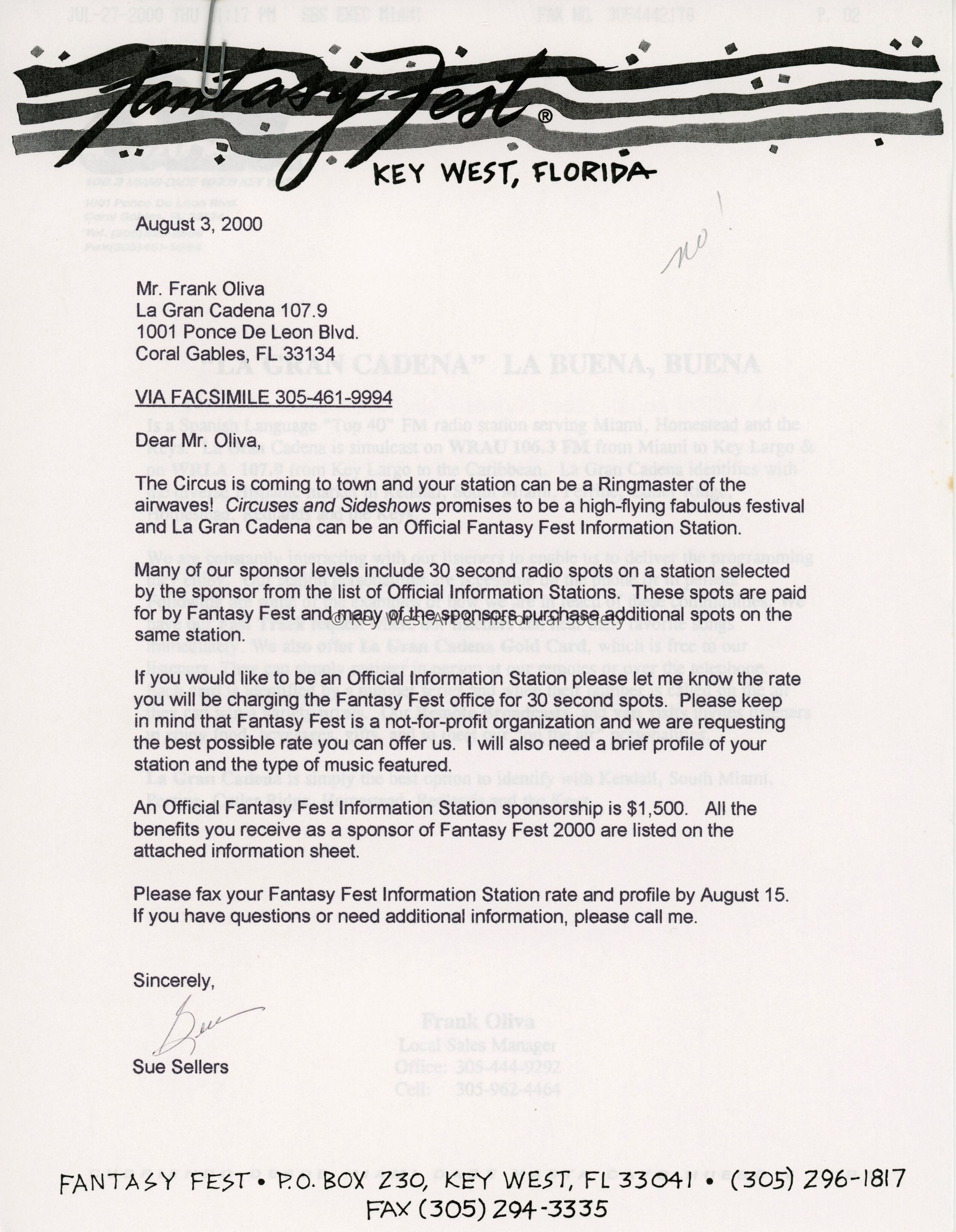 A letter to Frank Oliva from 107.9 from Sue Sellers about radio time. picture number 1