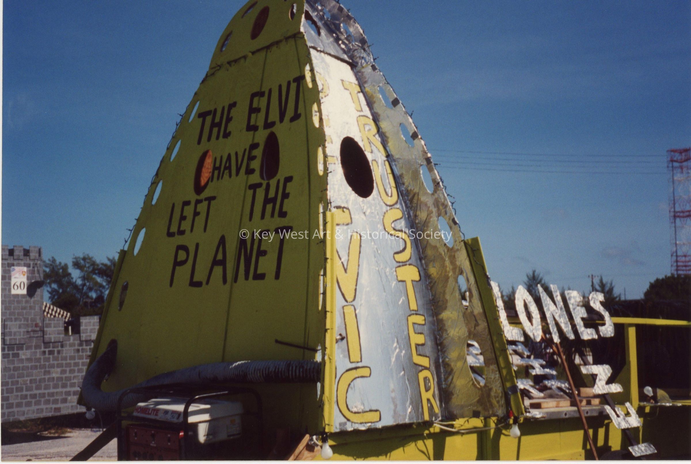 A float that will be in the parade that reads the elvi have left the planet