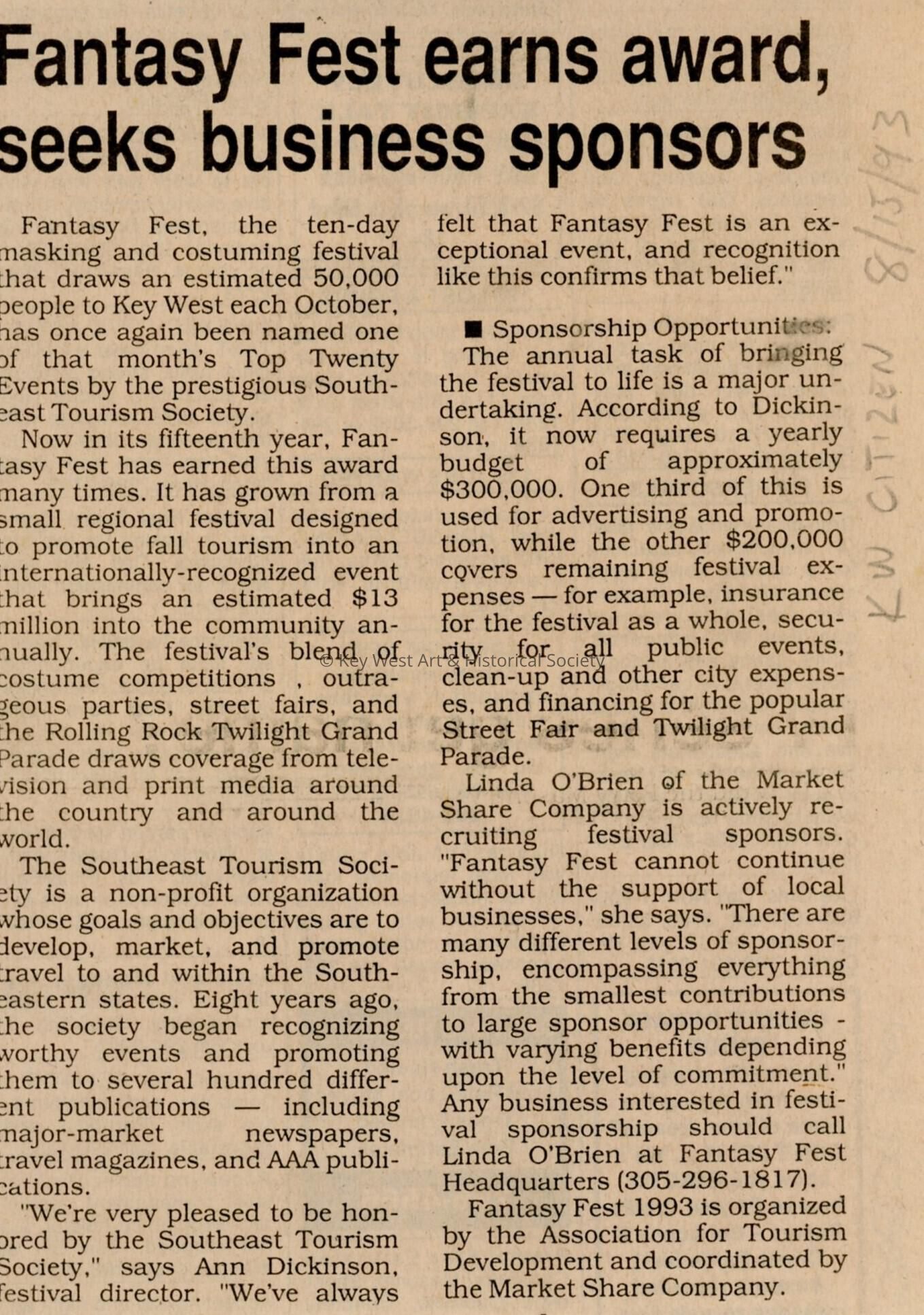 An article in the Key West Citizen that reads Fantasy Fest earns award, see