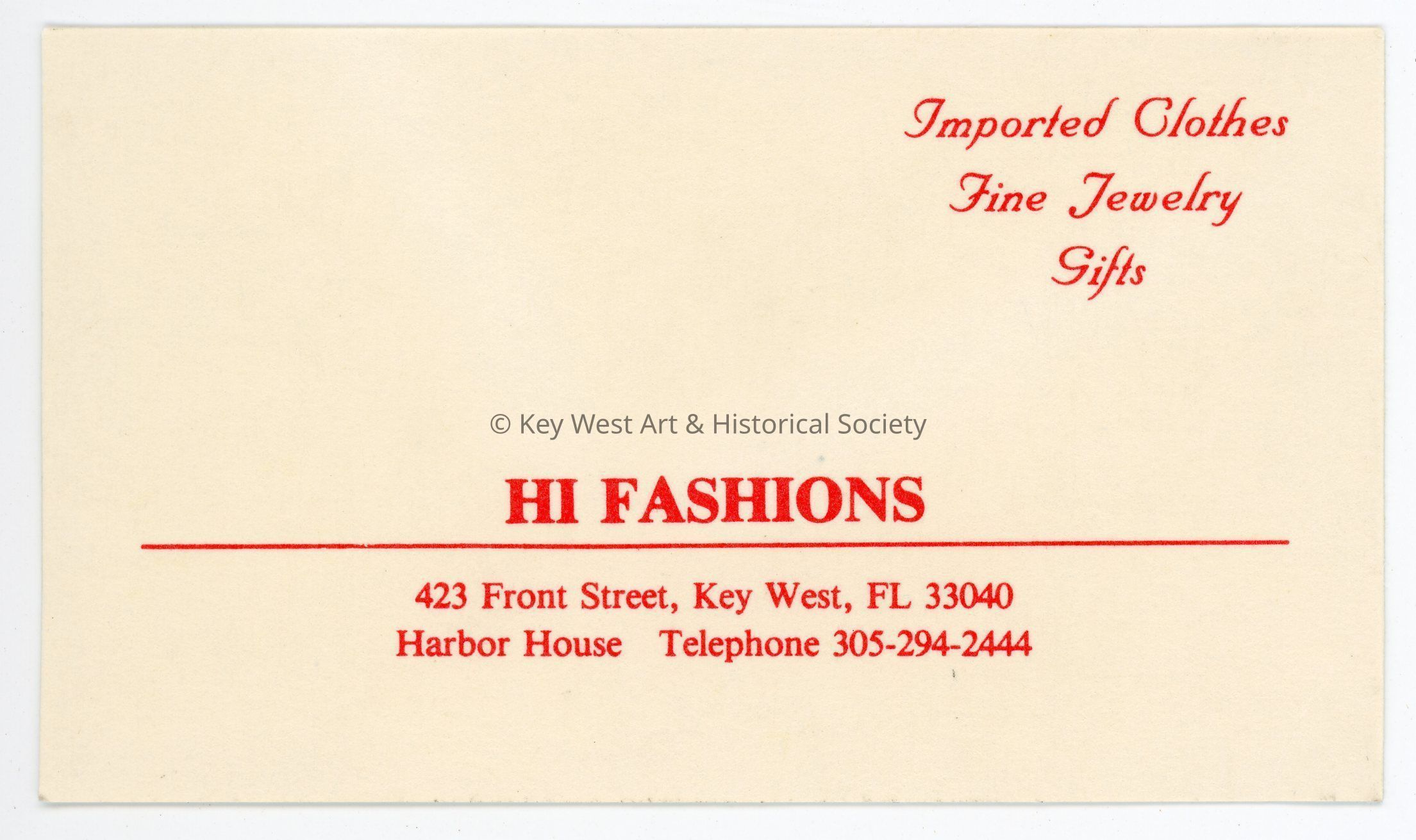 Hi Fashions Business Card; © Key West Art & Historical Society
