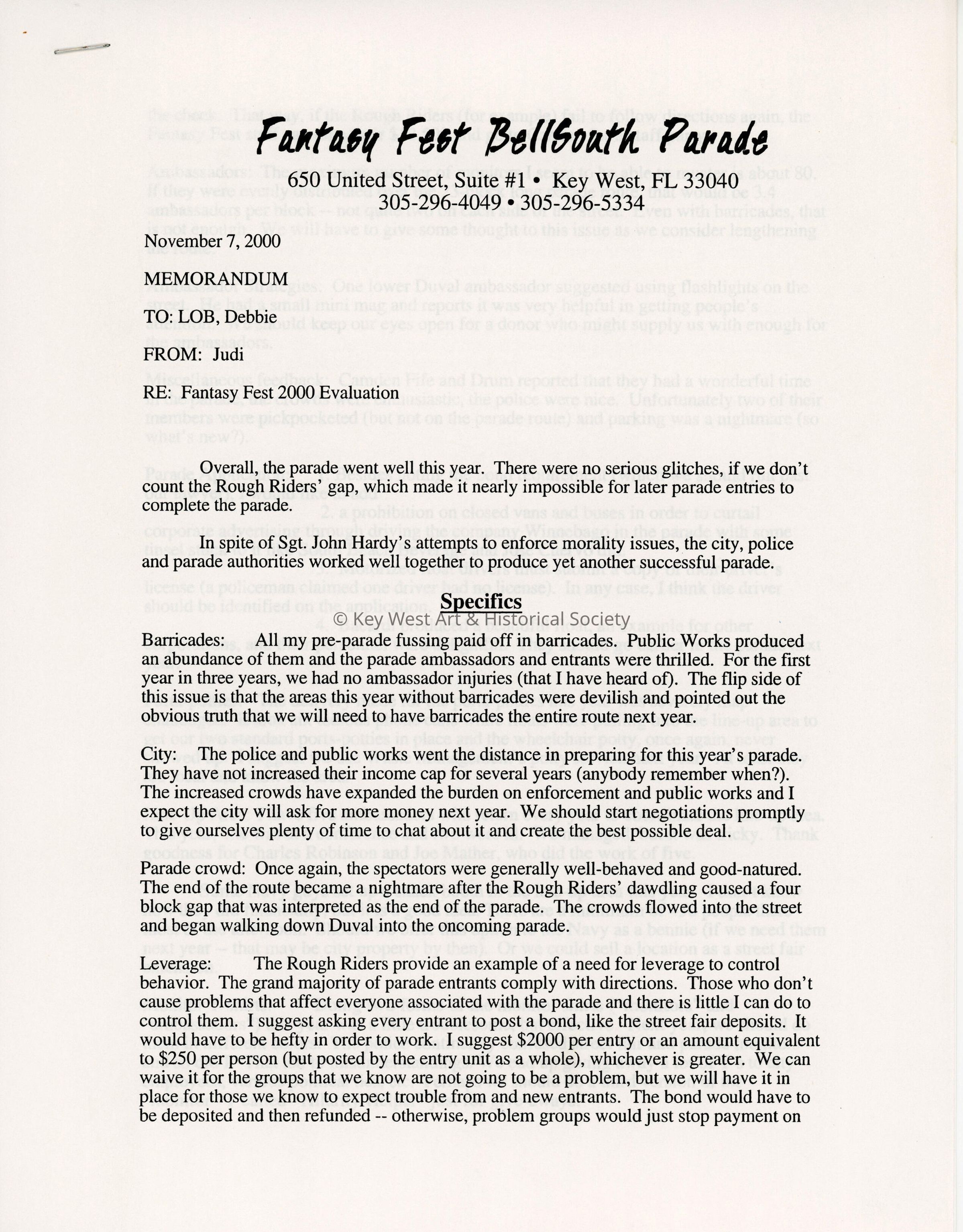 A memo to Lob and Debbie from Judi of a Fantasy Fest evaluation. picture number 1