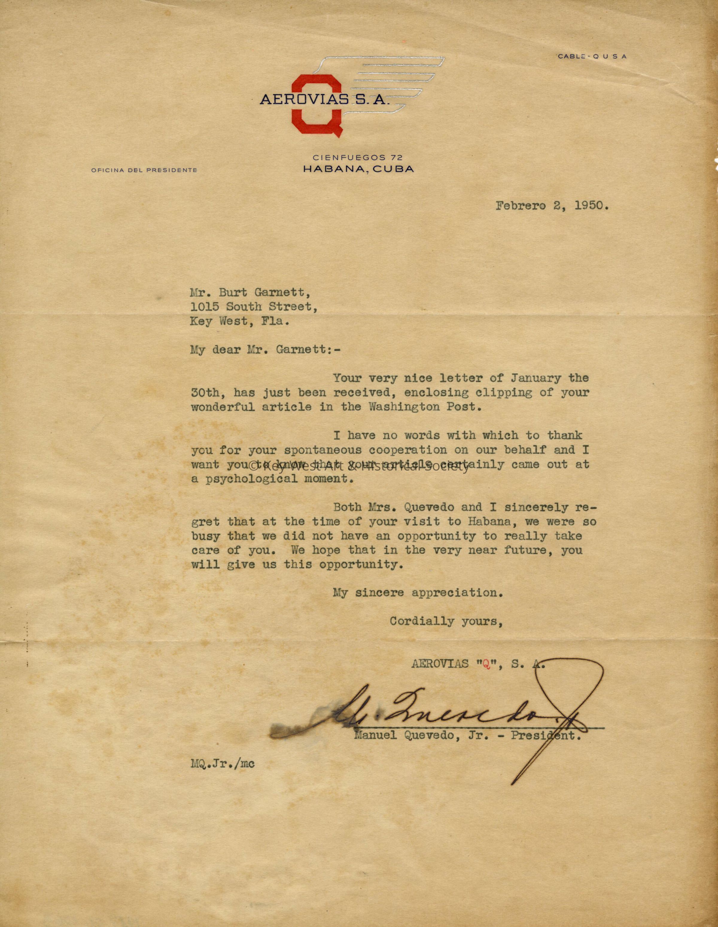 Aerovias S.A. Letter; © Key West Art & Historical Society