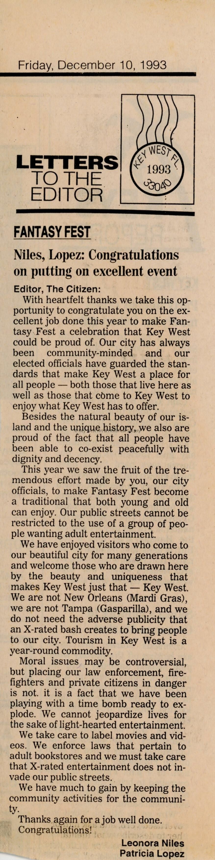 An article in the Key West Citizen about Fantasy Fest that reads Niles, Lop