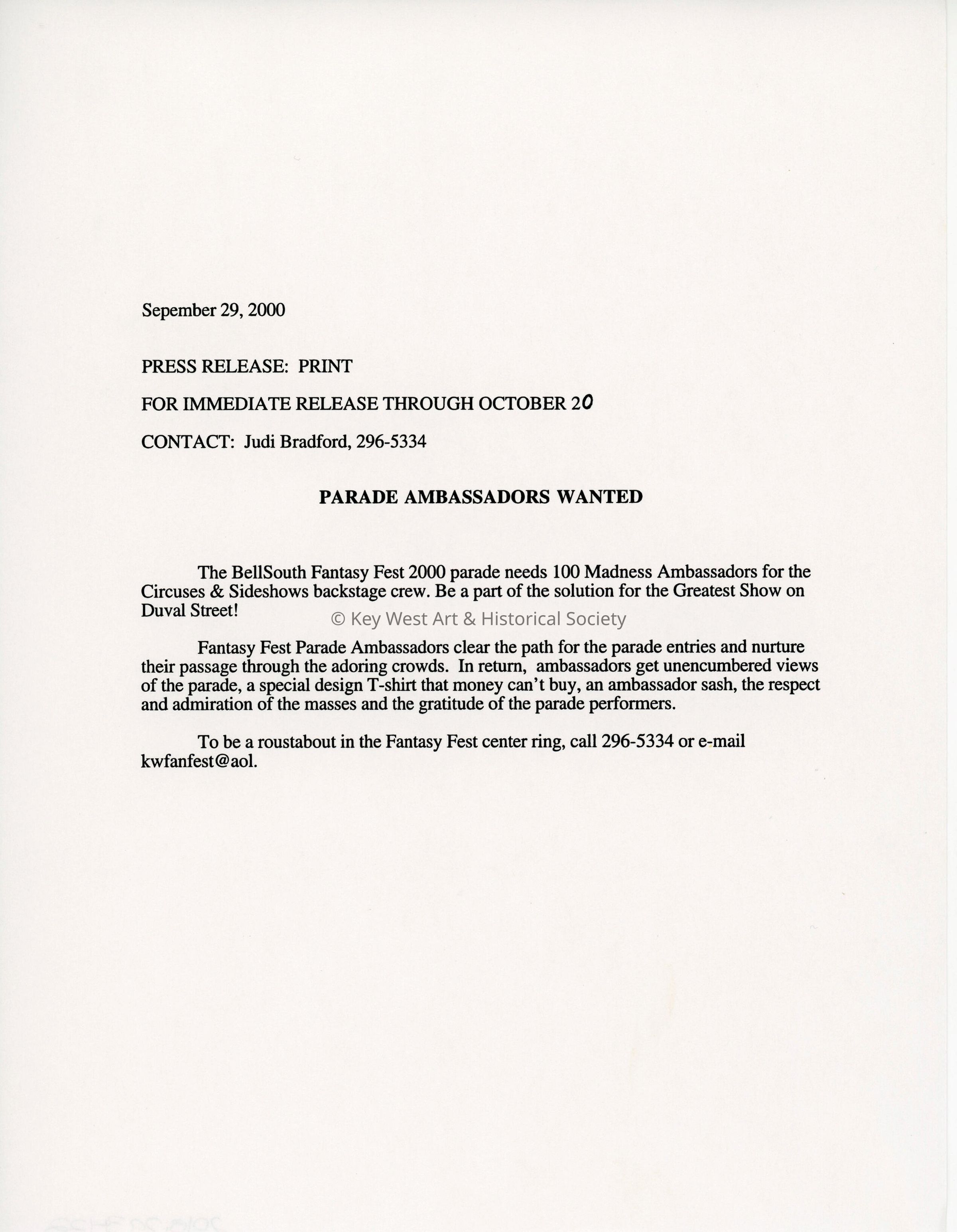 A press release to print about parade ambassadors wanted. picture number 1