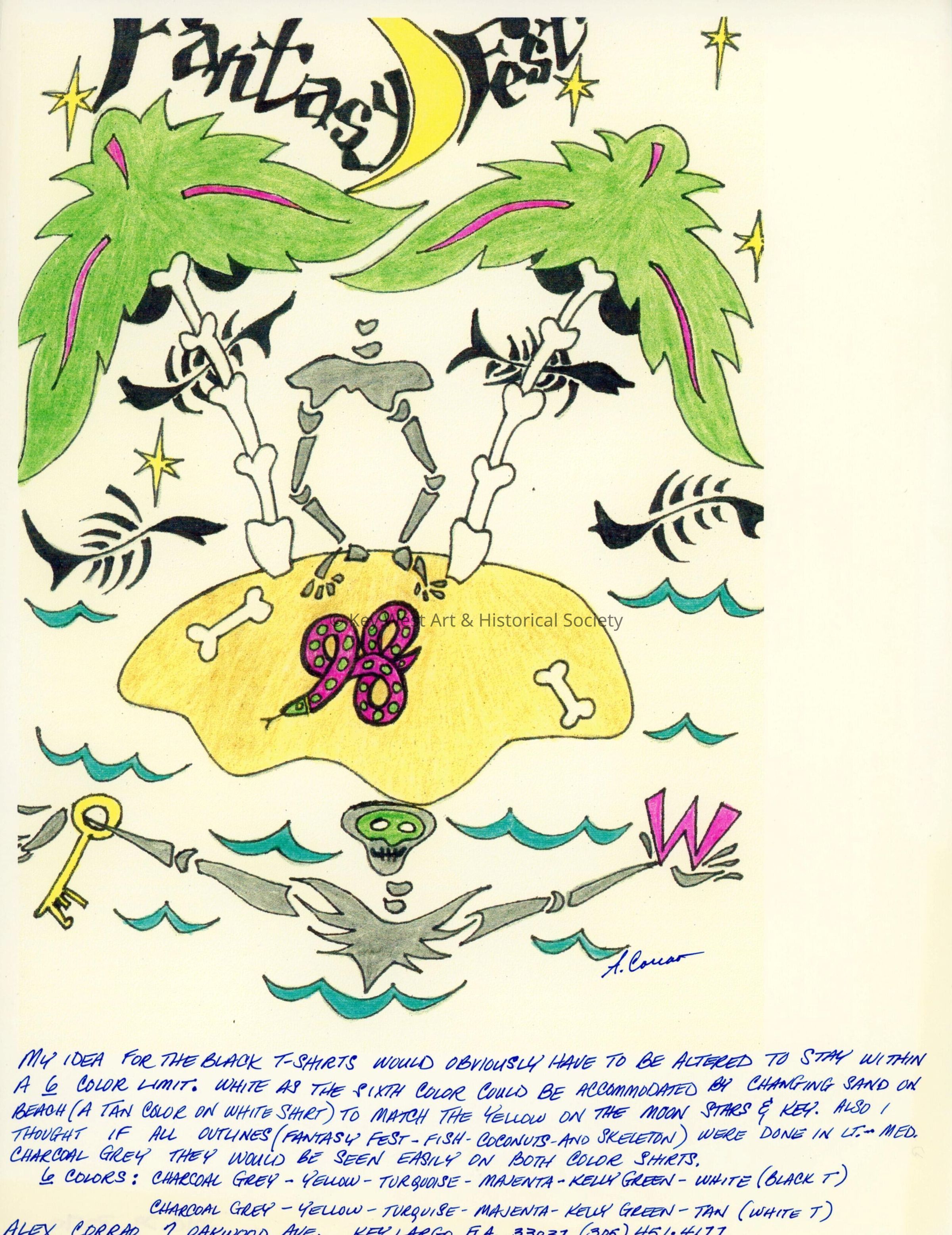 A sketch of a possible T-shirt for Fantasy Fest 1998 from Alex Corrao.