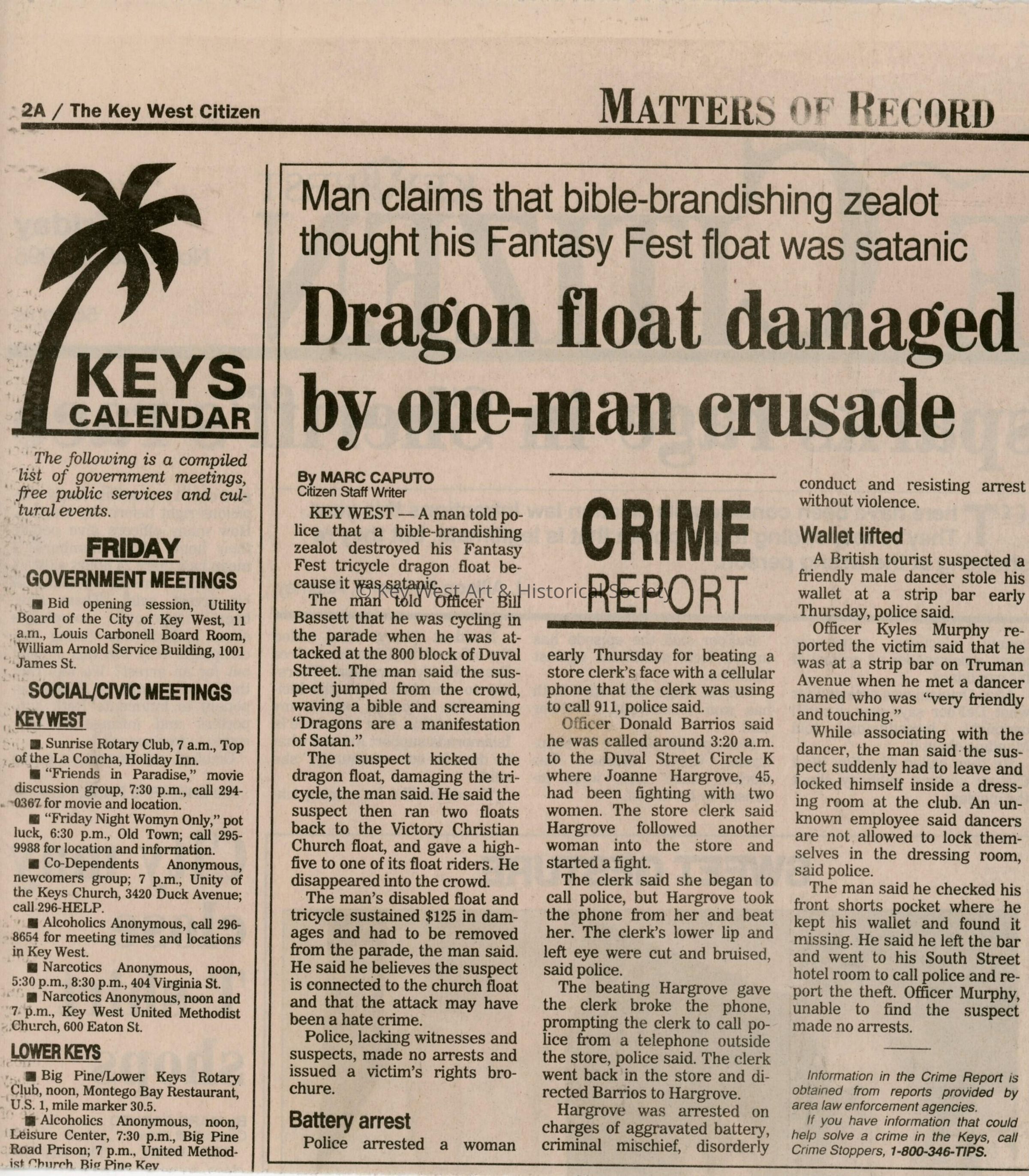 An article in the Key West Citizen that reads Dragon float damaged by one m