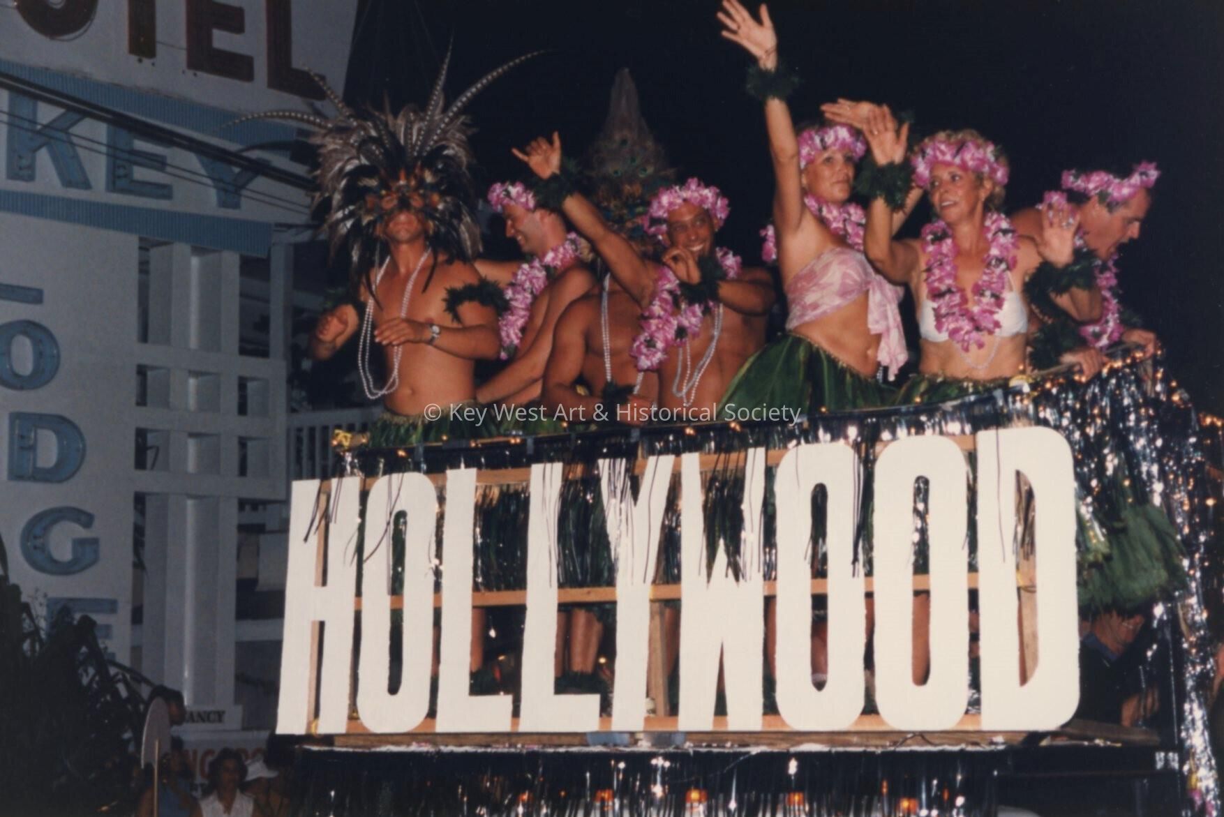 A float in the parade that reads Hollywood on the front.