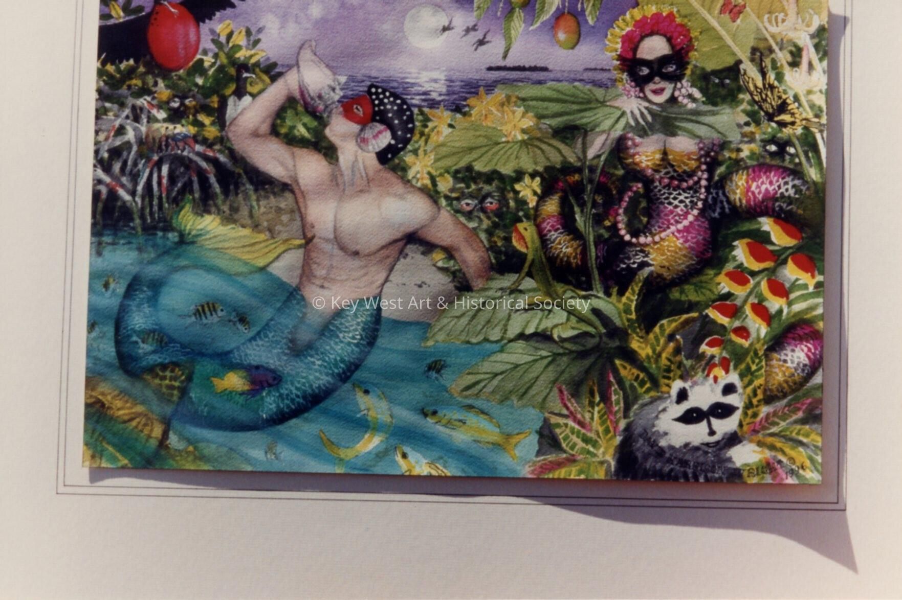 A painting of a male mermaid blowing on a conch shell.
