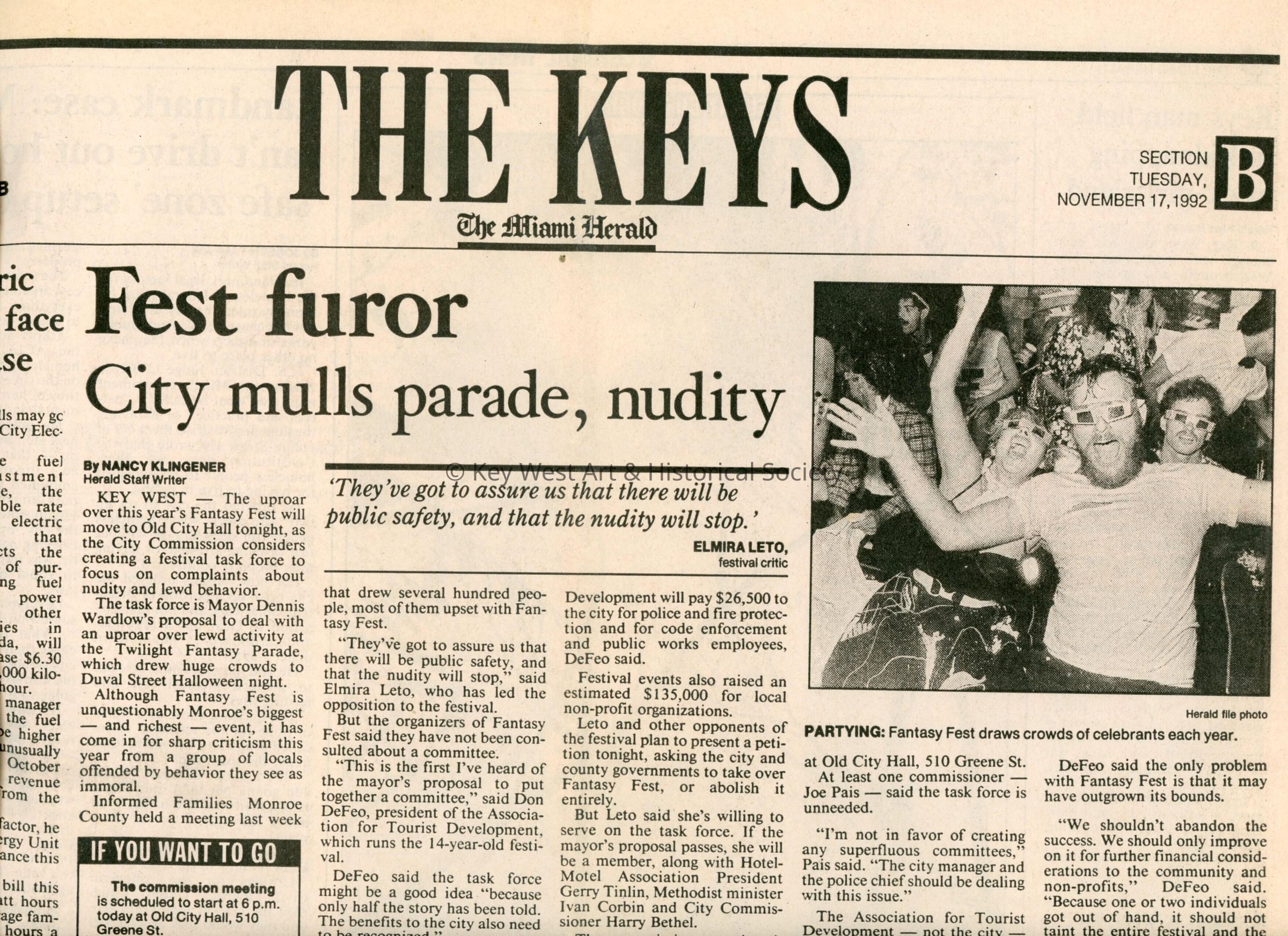 An article in the Miami Herald that reads Fest furor city mulls parade nudity. picture number 1