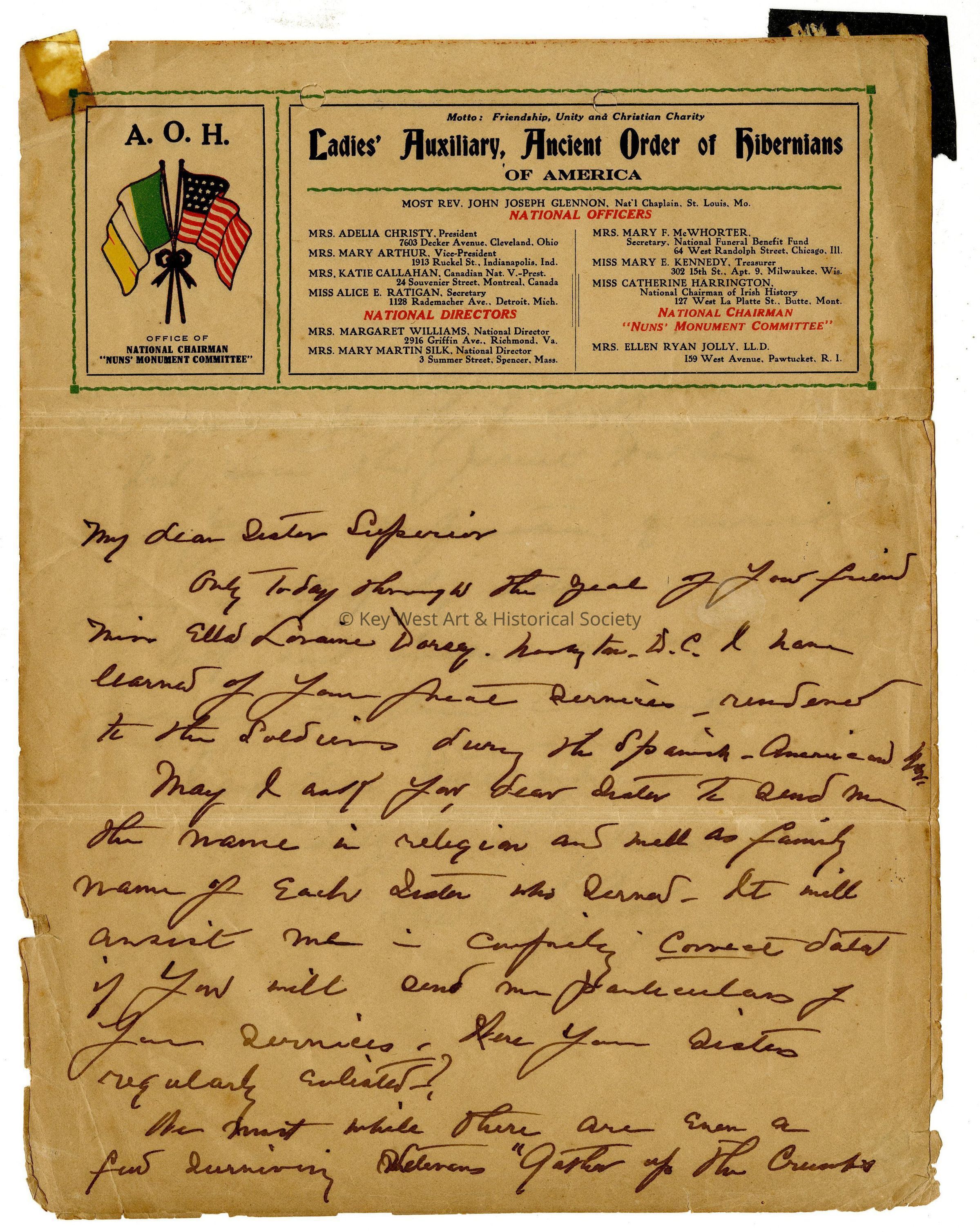 Ancient Order of Hibernians Letter to Convent of Mary Immaculate; © Key West Art & Historical Society