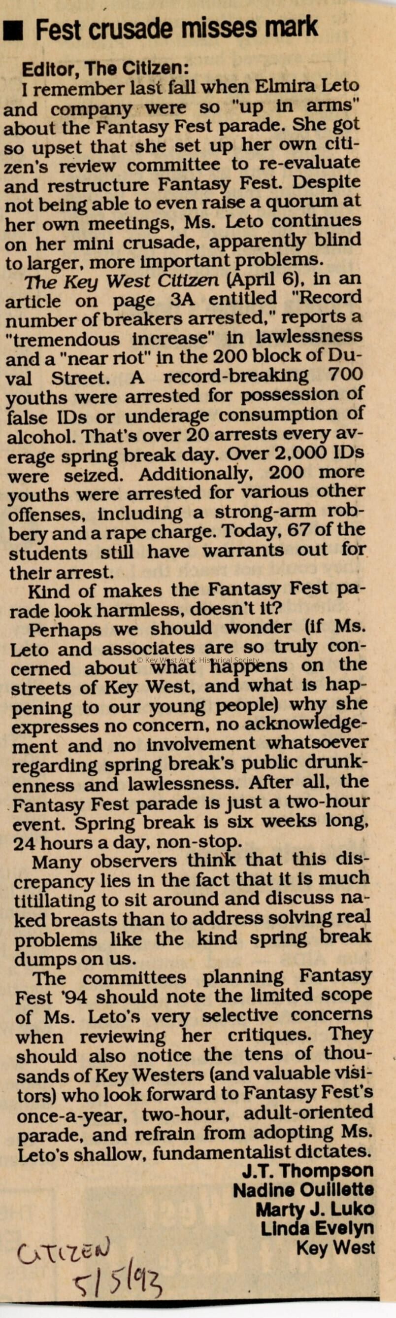 An article in the Key West Citizen about Fantasy Fest that reads Fest crusa
