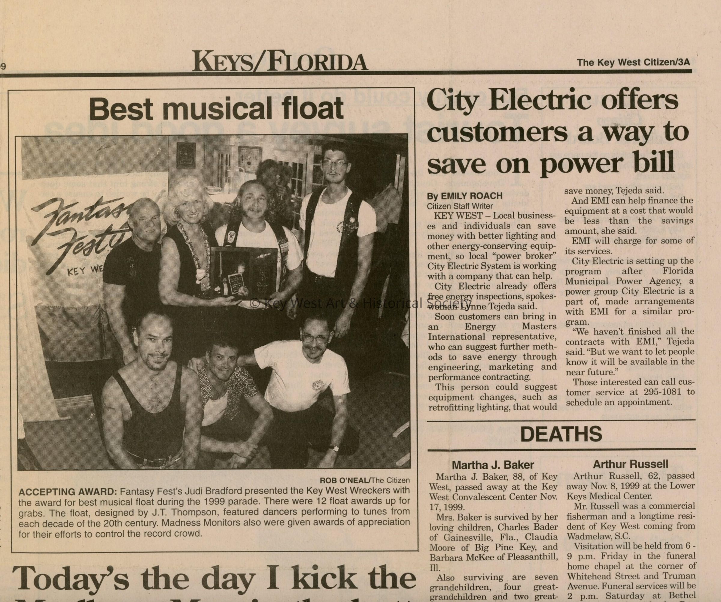 An article in the Key West Citizen that reads Best musical float.