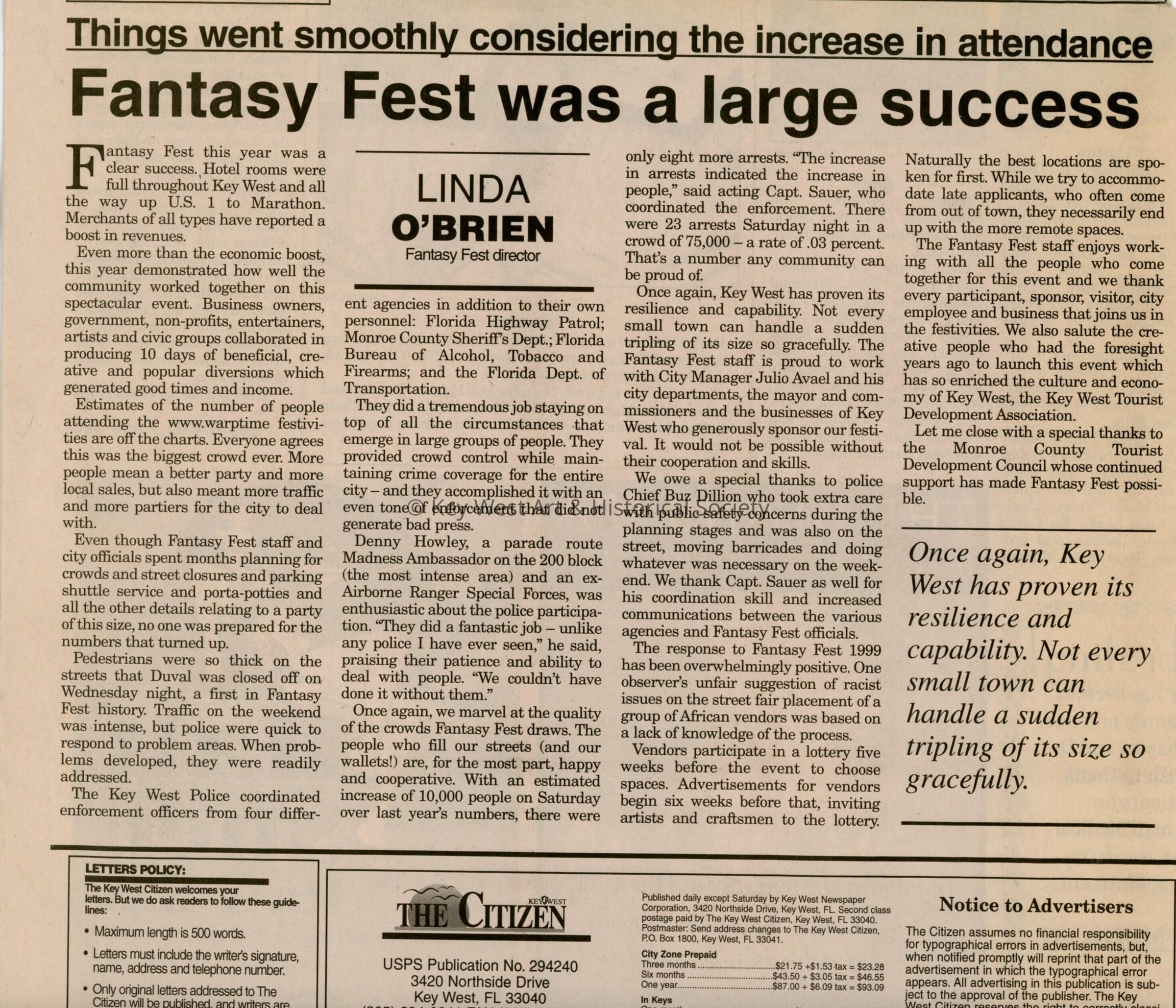 An article in the Key West Citizen that reads Fantasy Fest was a large succ