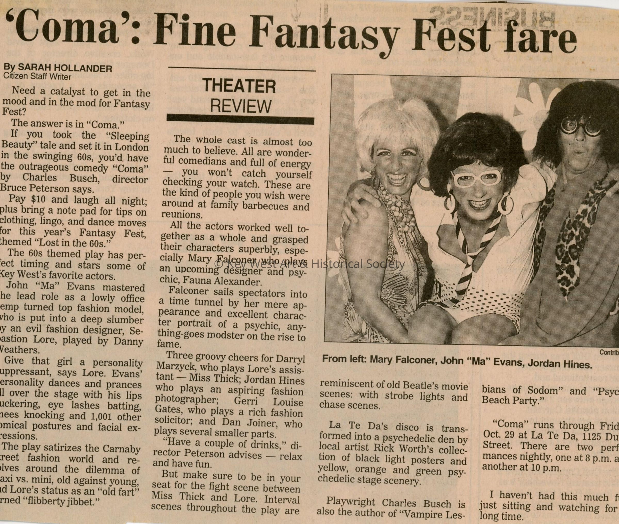 An article in the Key West Citizen about Fantasy Fest that reads 'Coma': Fi