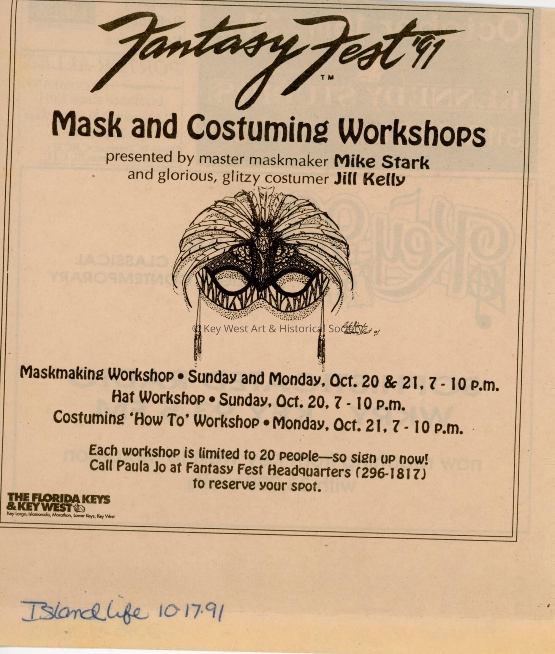 An article in the Island Life newspaper that reads Mask and Costuming works