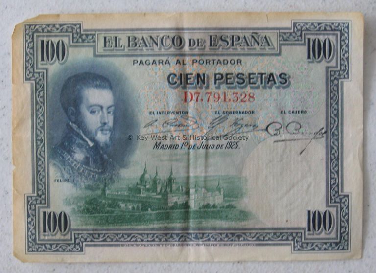 Banco de Espana 100 Peseta Note; © Key West Art & Historical Society