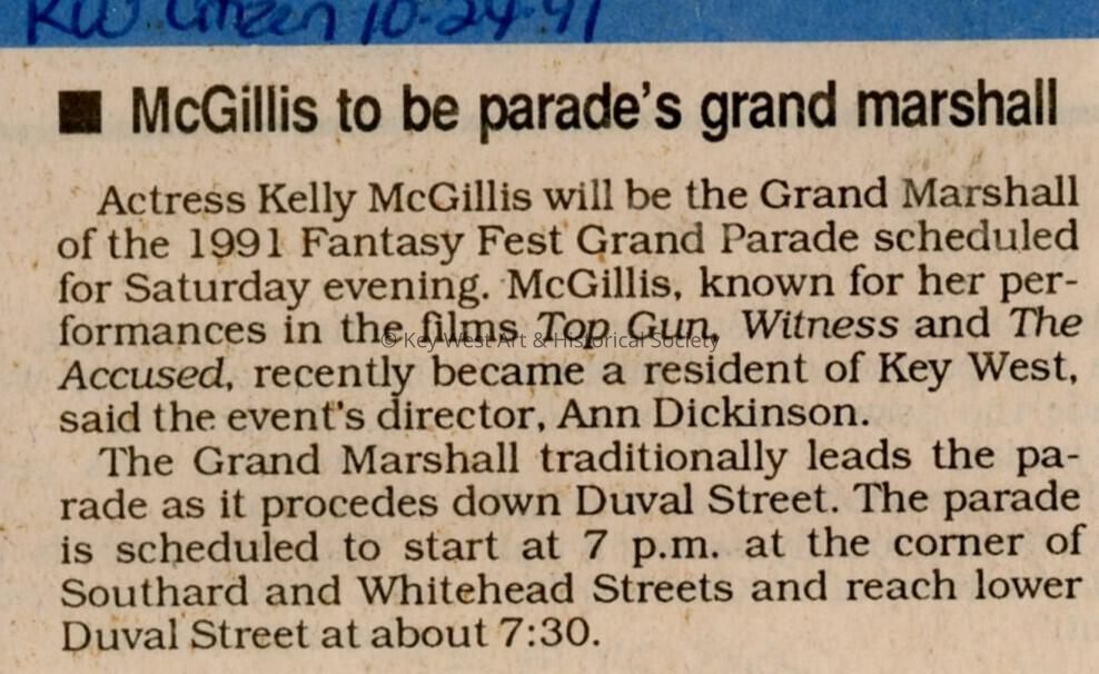 An article in the Key West Citizen that reads McGill is to be parade's gran