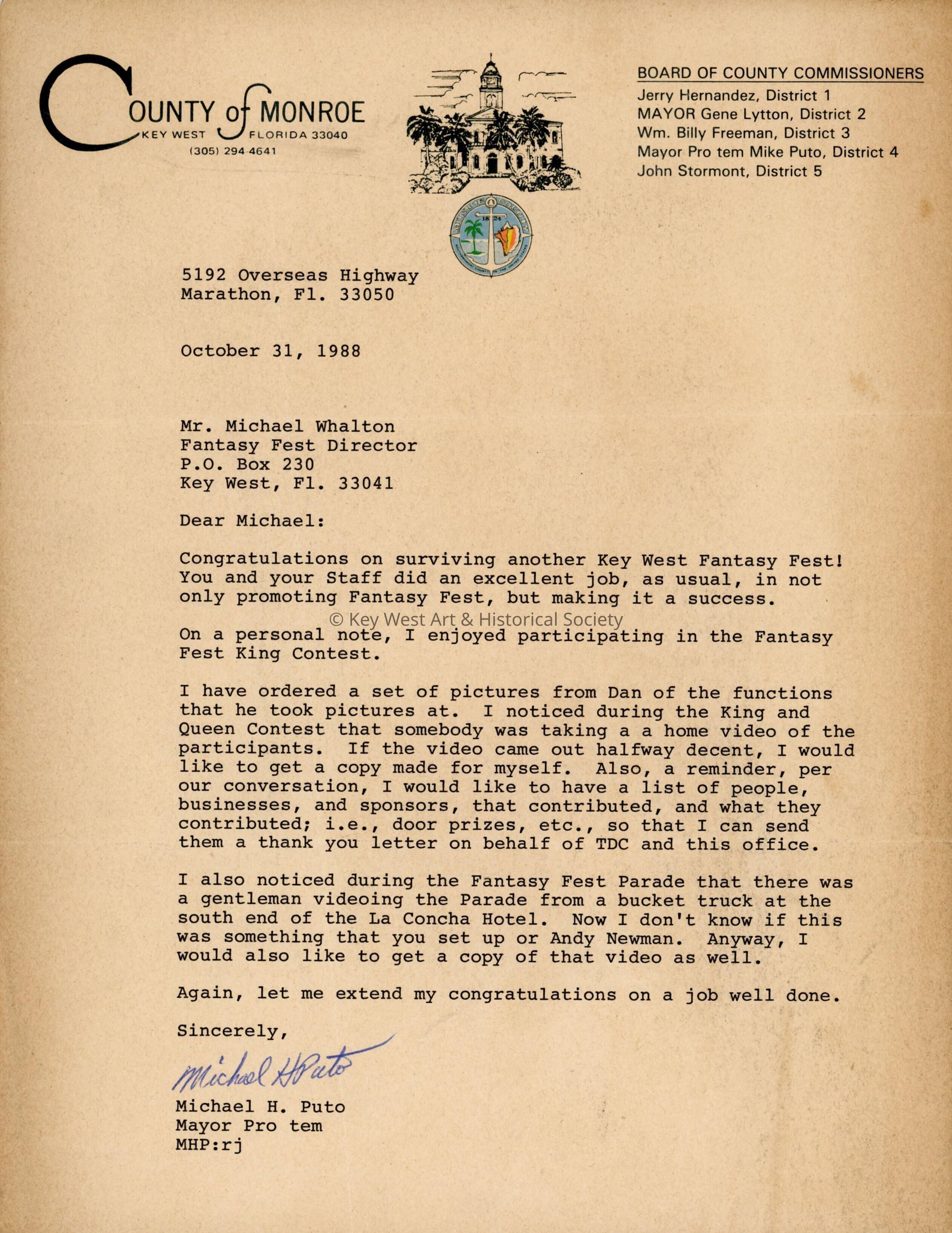 A letter to Michael Whalton from Michael Puto.