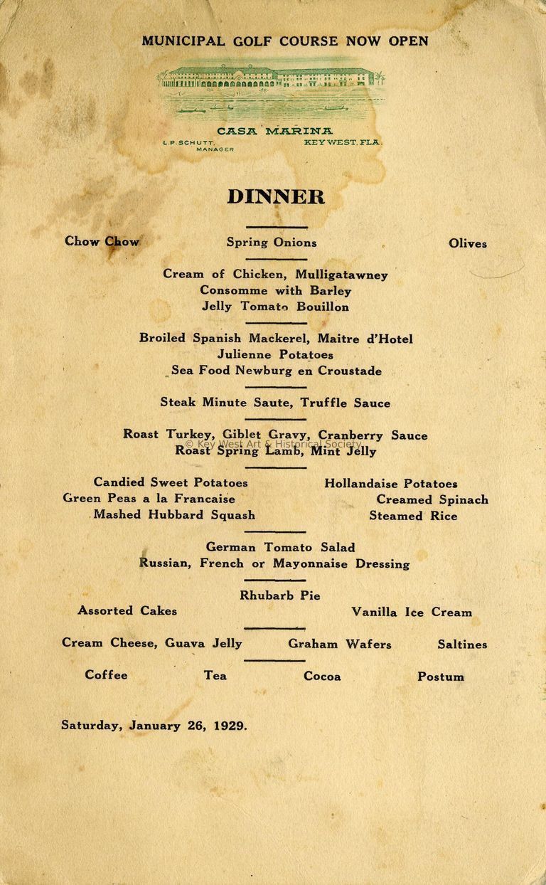 Casa Marina Dinner Menu; © Key West Art & Historical Society