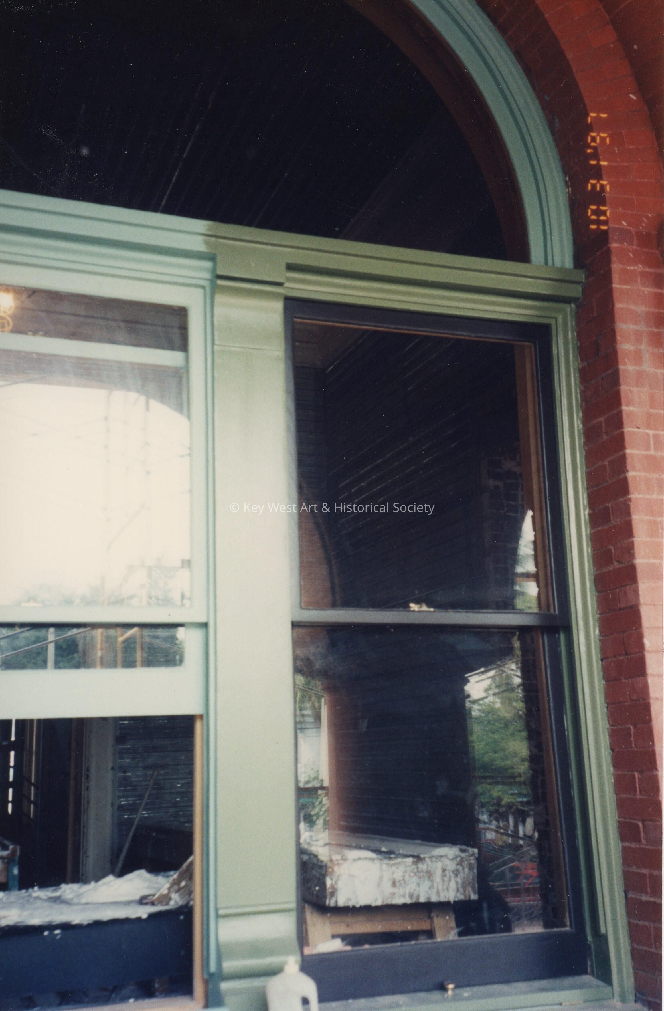 An exterior double panel window.
