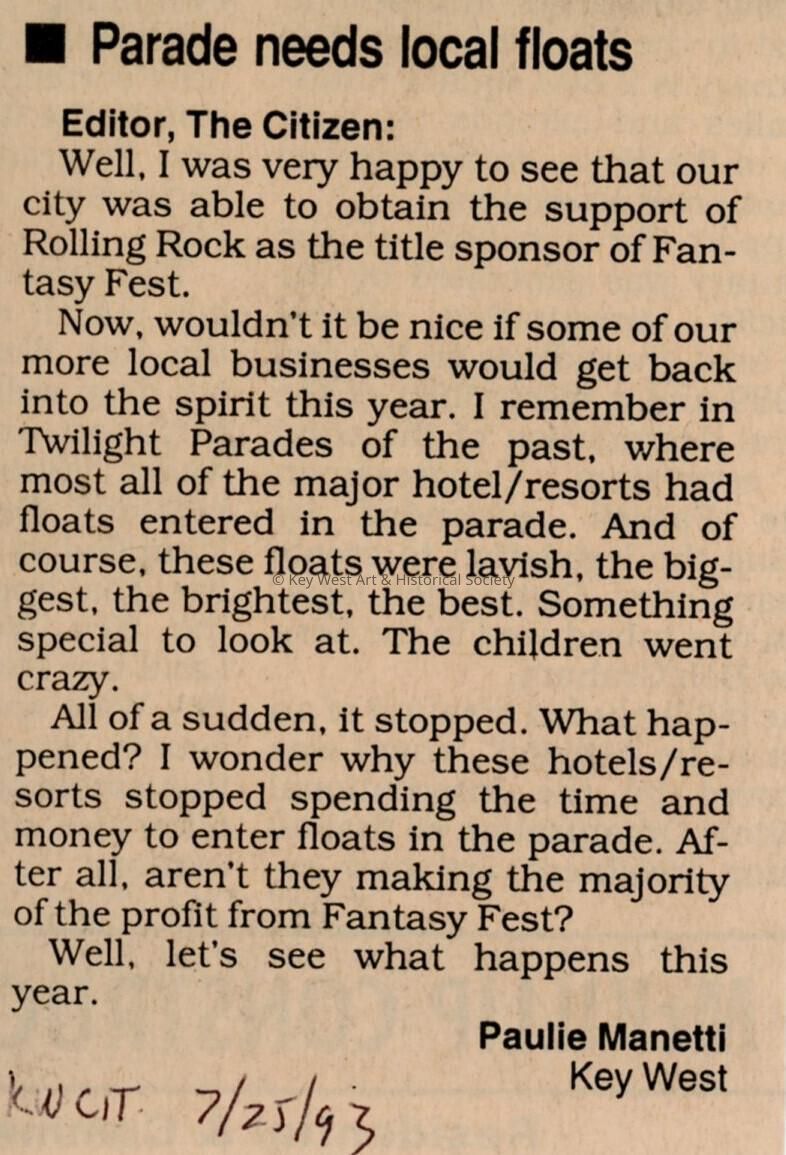 An article in the Key West Citizen about Fantasy Fest that reads Parade nee