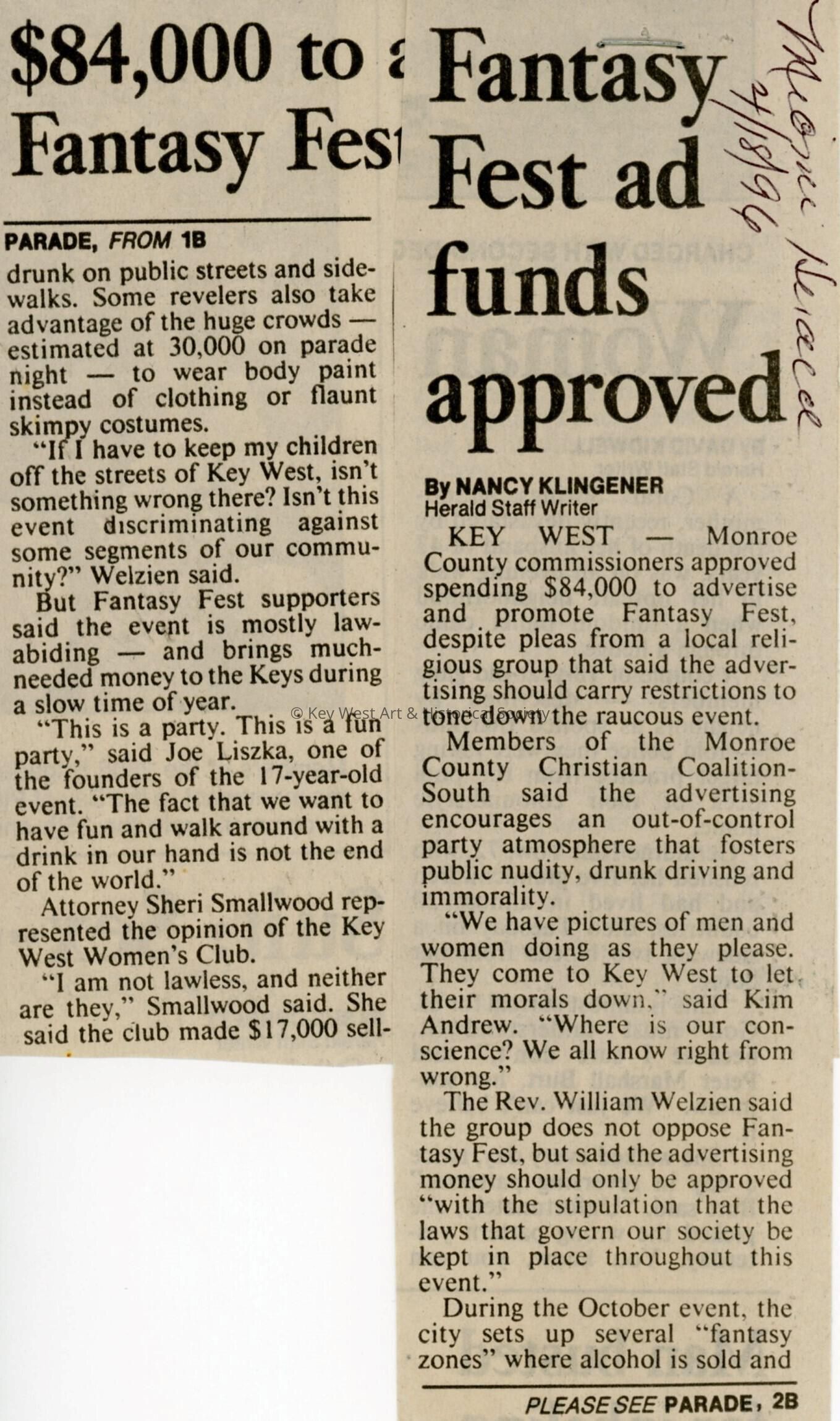 An article in the Miami Herald that reads Fantasy Fest ad funds approved.