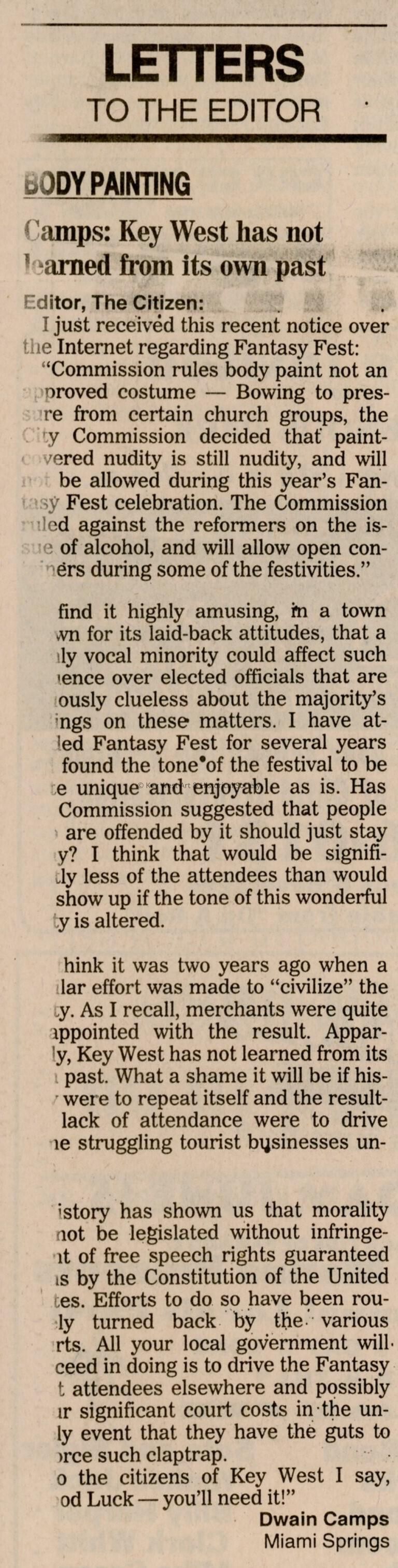 An article in the Key West Citizen that reads Camps: Key West has not learn