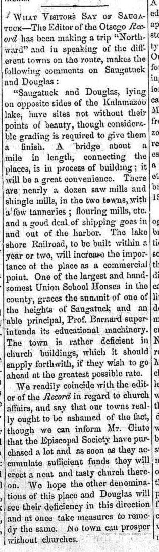 cr1869082803VisitorsImpressionsofSaugatuck.JPG; reprinted from Ostego Record, Saugatuck Union School Prof. Barnard praised, lack of churches scorned.