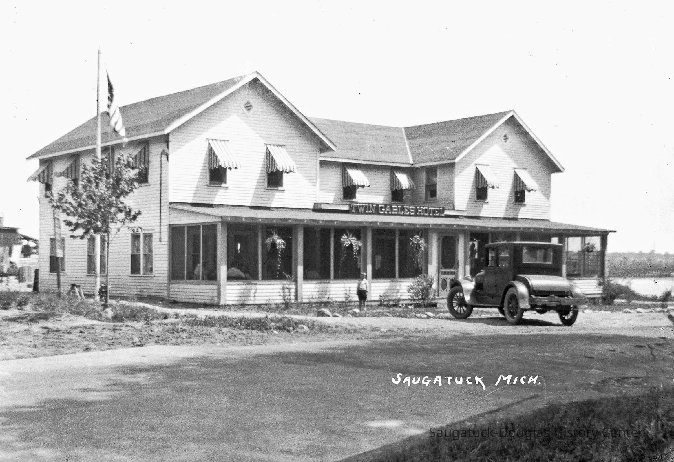 ca 1915 Twin Gables Hotel near the south end of Lake Street; TwinGablesCa1915.jpg 1MB - Digital file on Jack Sheridan Drive 2021.72.02