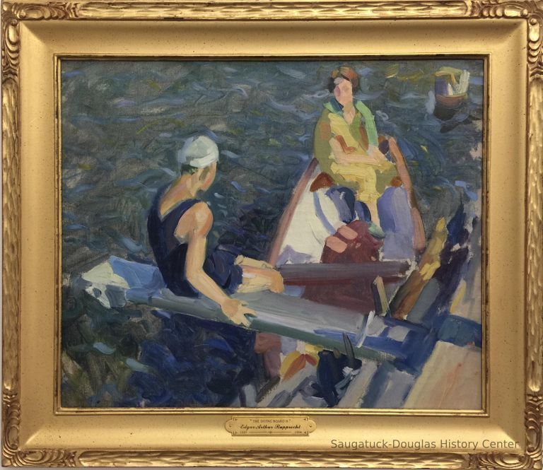          Oil painting of two women on the water
   