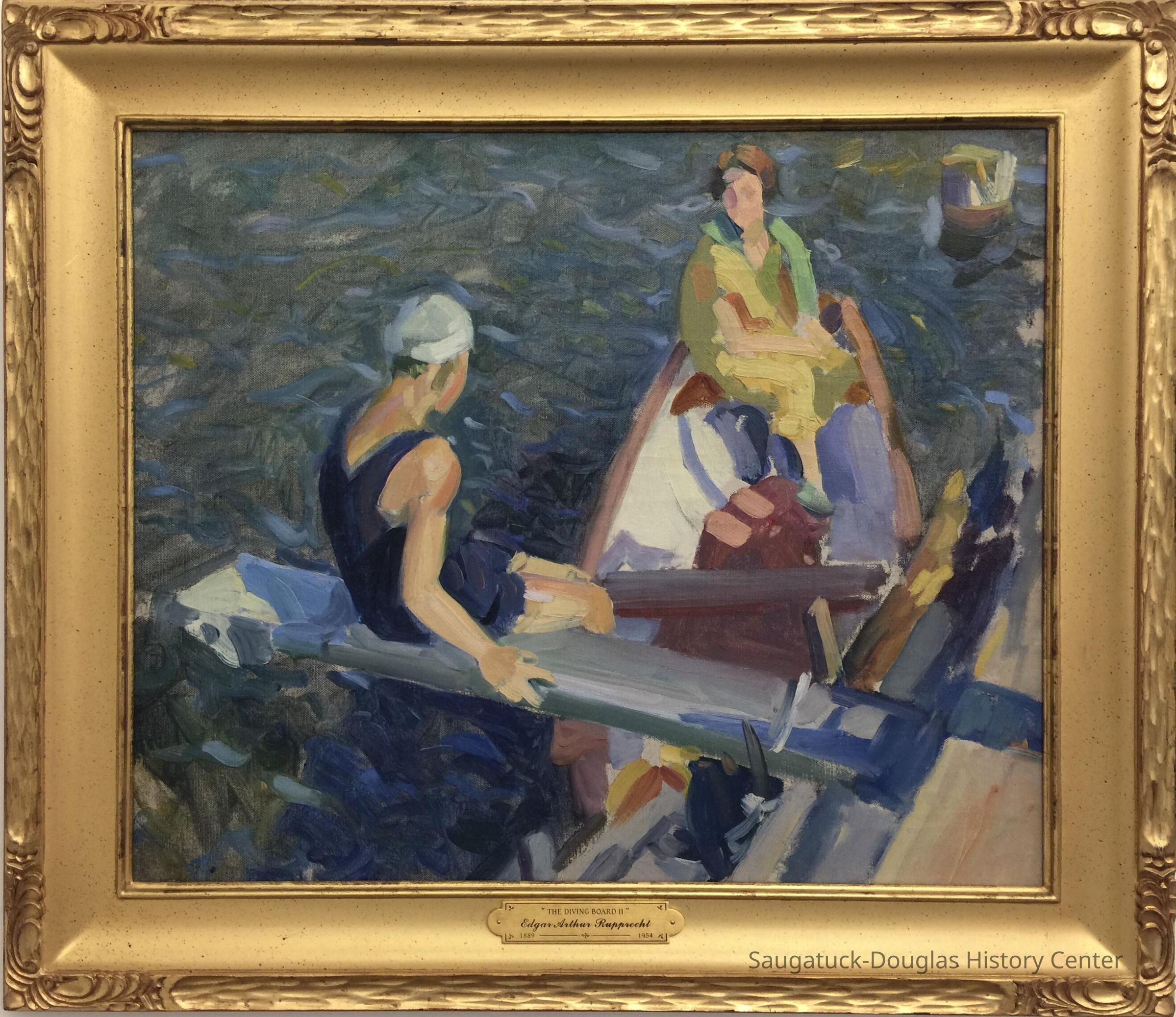          Oil painting of two women on the water
   