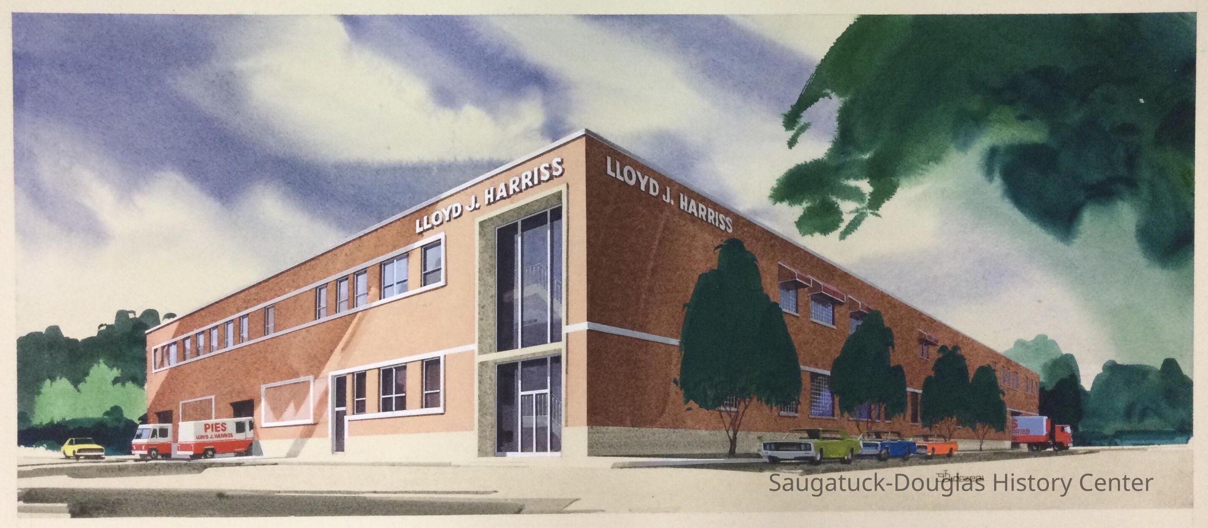 Watercolor painting of a pie factory